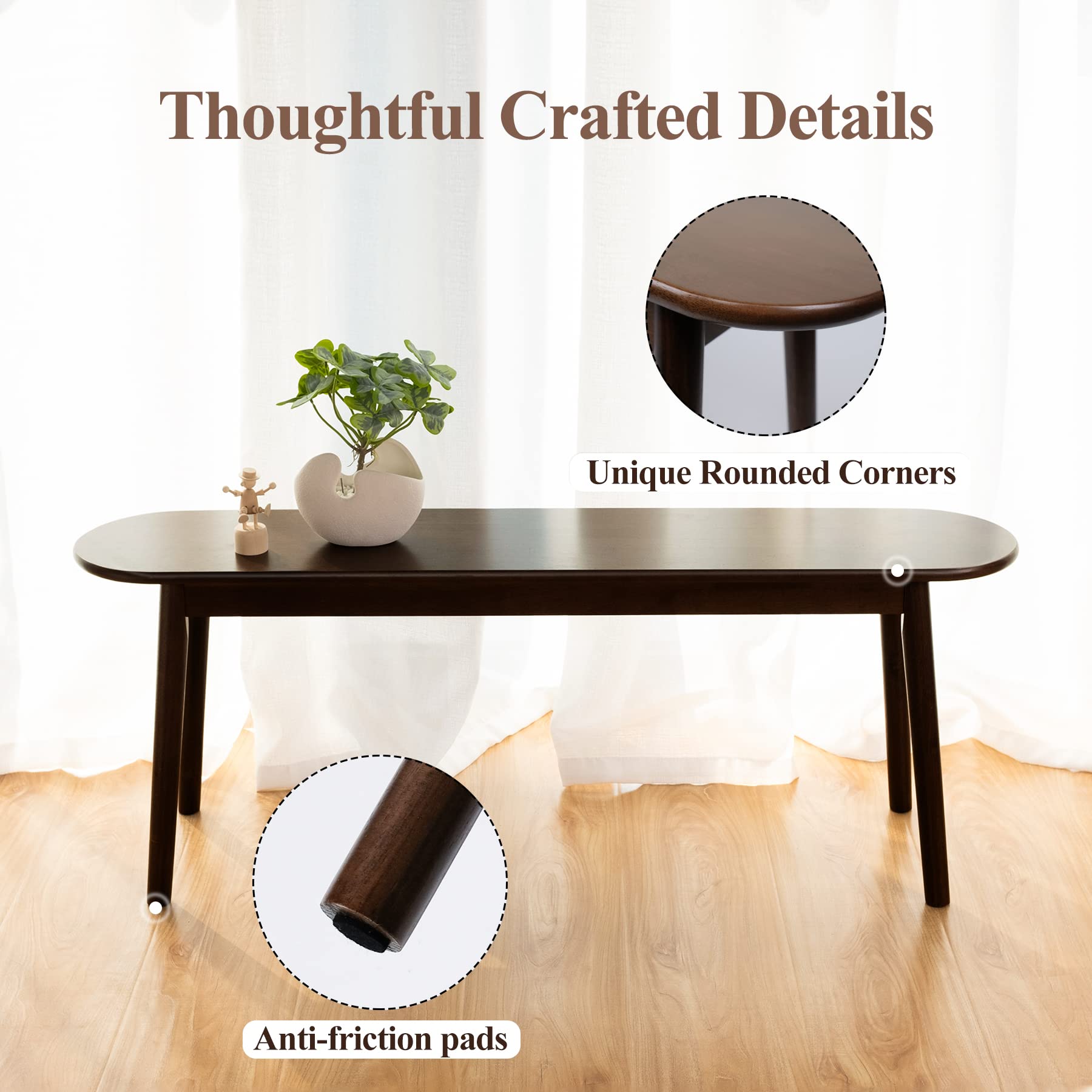 Solid Wood Entryway Bench - Midcentury Style Dining & Bedroom Bench with Rounded Corners, Sturdy Construction for Indoor & Outdoor Use - 10.24