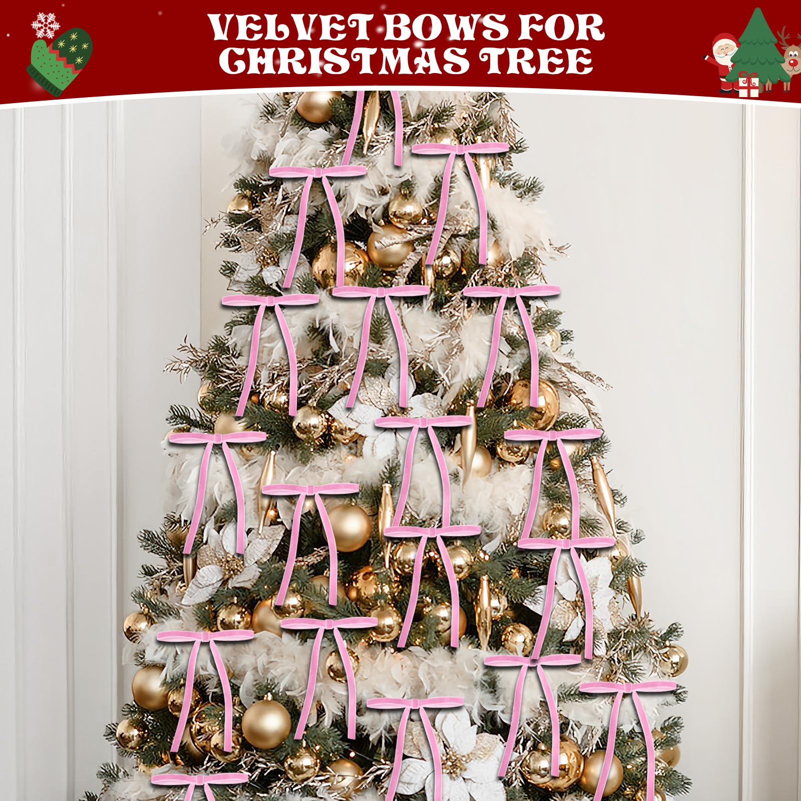 24 Pcs Pink Velvet Christmas Tree Bows - 5x7 Inch Pre-Tied Velvet Ribbon Bows for Wreaths, Gifts, Holiday Decorations & Tree Ornaments - Elegant Xmas Décor for Home, Party & Festive Celebrations
