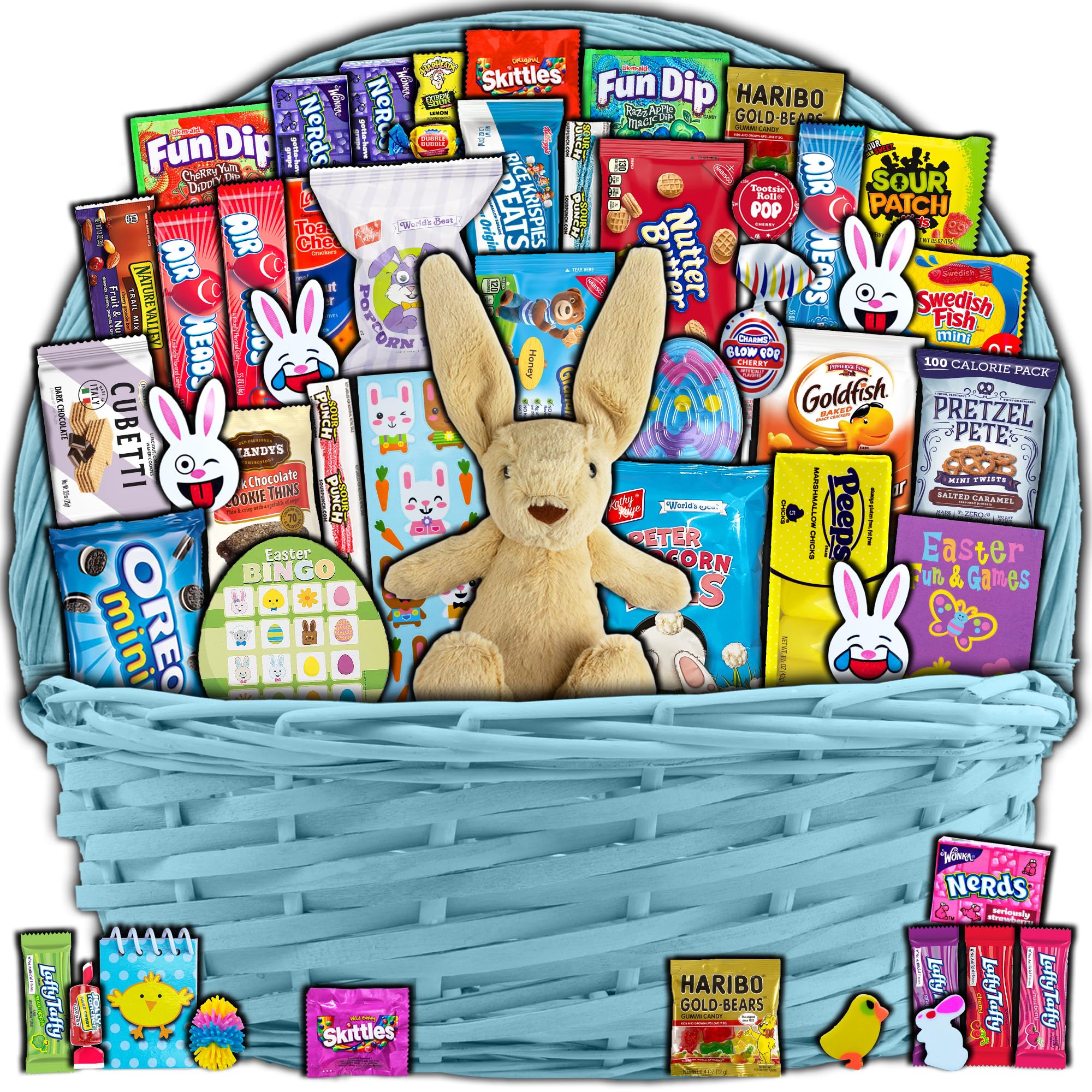 Blue Easter Basket for Kids & Adults (45 Pieces) - Prefilled Easter Gift Set with Plush Bunny, Candy & Snacks - Perfect for Boys, Girls, Toddlers & Family - Easter Party, Classroom Gifts & Holiday Celebrations