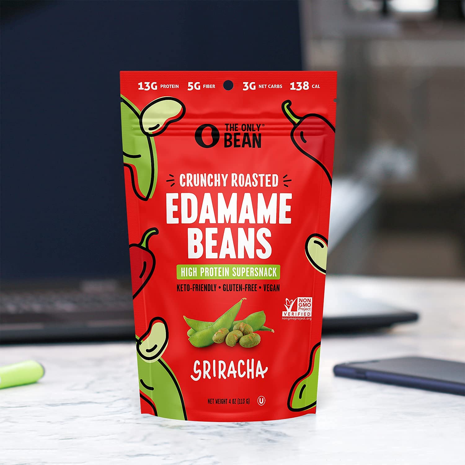 Crunchy Roasted Edamame Beans Sriracha Flavor - High Protein Keto Snacks (13g Protein, 3g Net Carbs) - Low Calorie Gluten-Free Vegan Food - Perfect for On-the-Go Snacking, Office Lunch & Keto Diet - 4oz (3 Pack)
