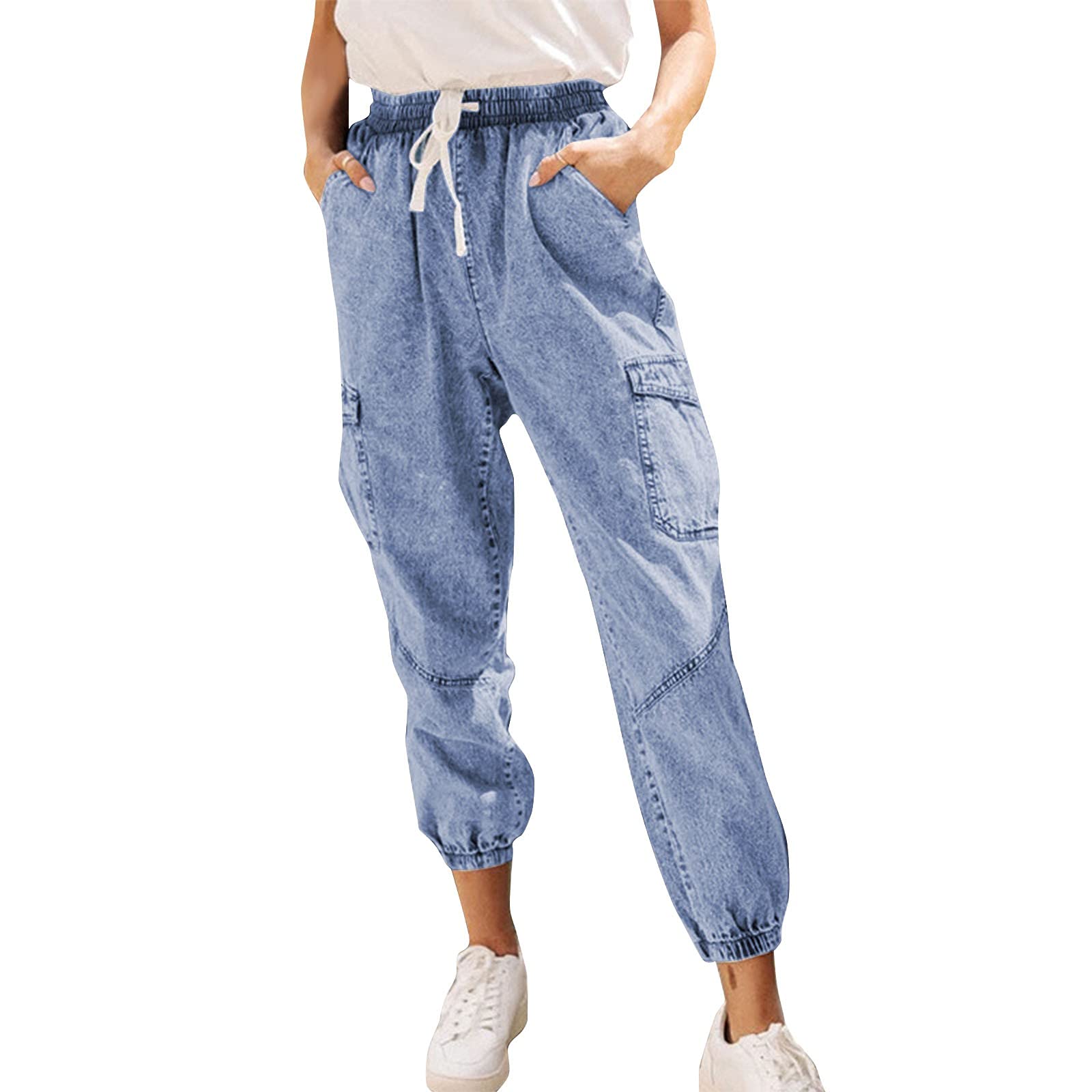 **Anewoneson Women's Distressed Denim Joggers - Stretch Pull-On Pants with Elastic Waist | Casual & Comfortable for Everyday Wear, Running Errands, and Lounging**