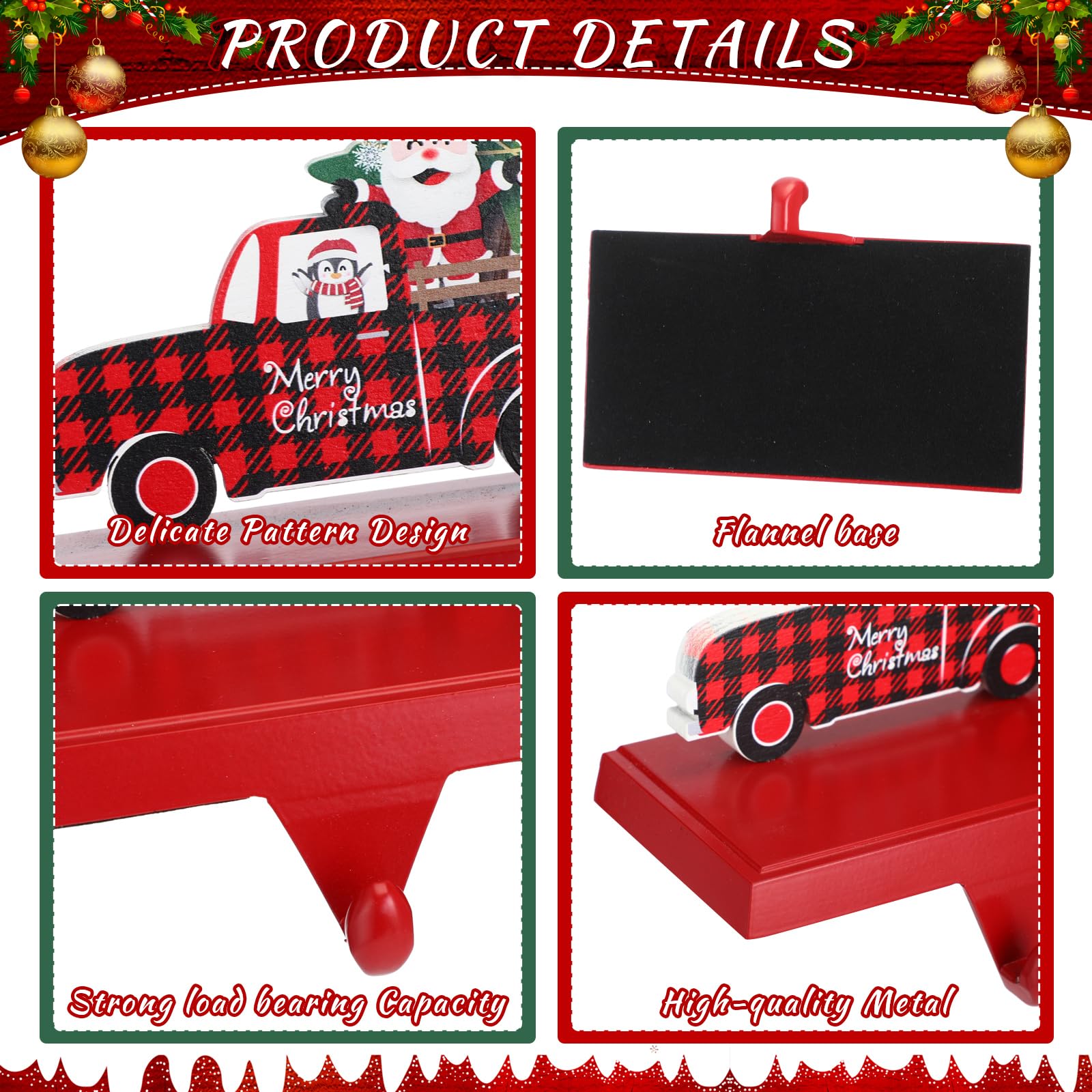 Barydat Set of 4 Metal Christmas Stocking Holders - Snowman, Truck, Ice Skate & Gnome Wood Sign Fireplace Mantel Hangers - Holiday Decor for Christmas Party, Home & Gift Giving - Perfect for Fireplace Mantel, Living Room & Festive Gatherings