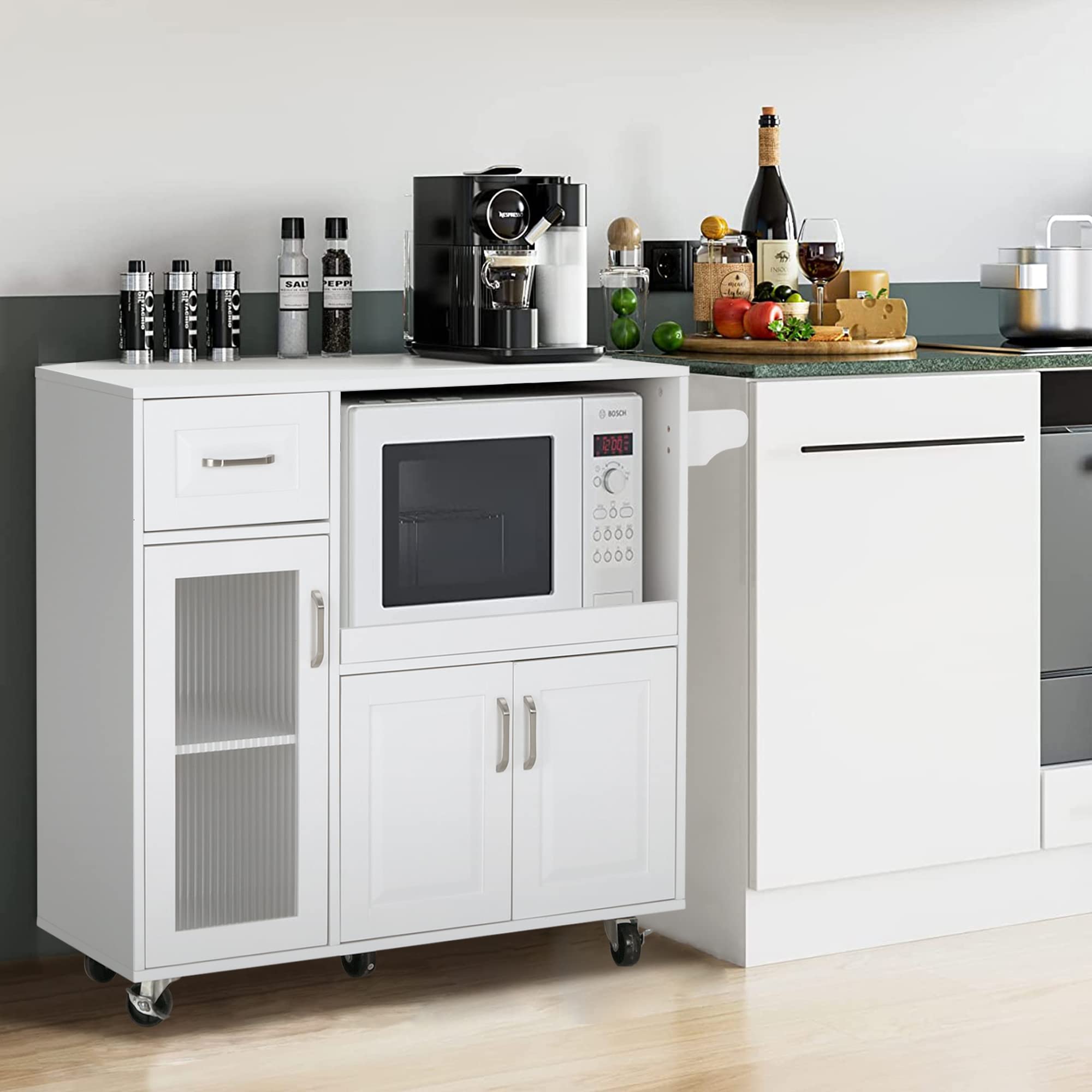 PHI VILLA White Microwave Stand Cart with Wheels - Mobile Kitchen Island with Microwave Shelf & Storage - Perfect for Small Kitchens, Apartments, and Dorm Rooms