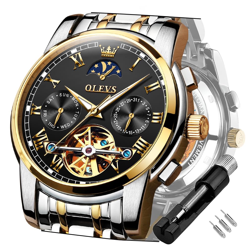 OLEVS Men's Automatic Mechanical Tourbillon Watch - Self-Winding Luxury Stainless Steel Waterproof Wristwatch with Luminous Hands & Date Display | Perfect for Business, Formal Events & Everyday Wear
