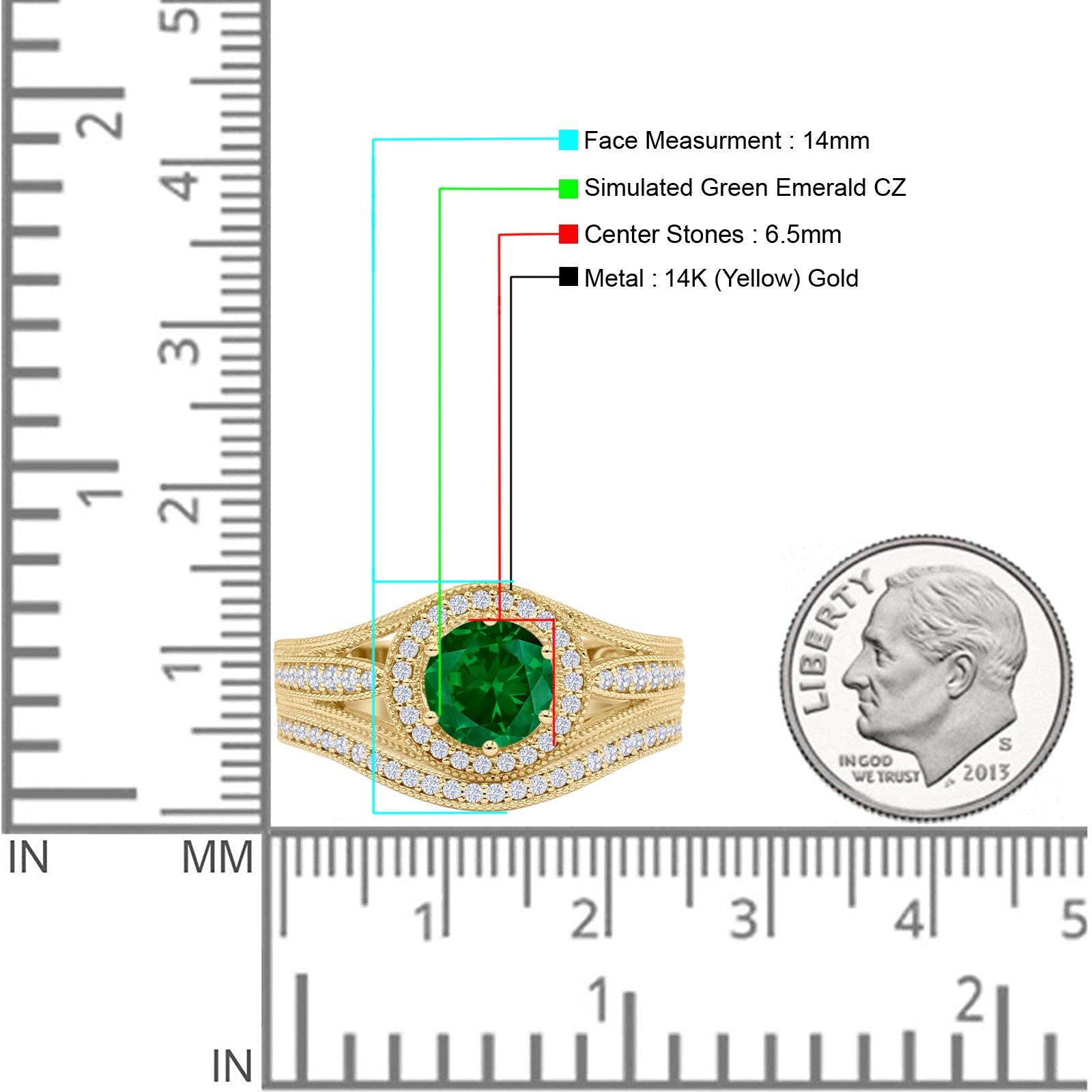 14K Yellow Gold Halo Split Shank Emerald CZ Ring - Elegant Two Piece Round Contour Band for Women, Perfect for Engagement, Wedding, Anniversary & Special Occasions