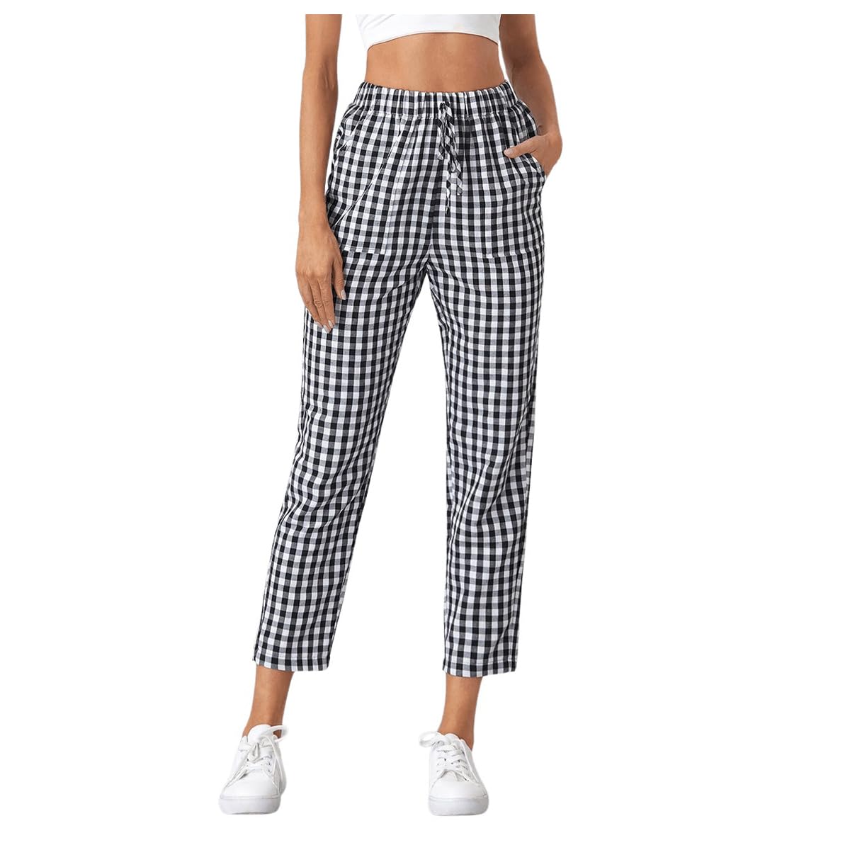 Milumia Women's High Waisted Plaid Pants - Elastic Waist Straight Leg Trousers in Black & White Gingham Print, Size Large | Casual Office Wear & Weekend Outfits