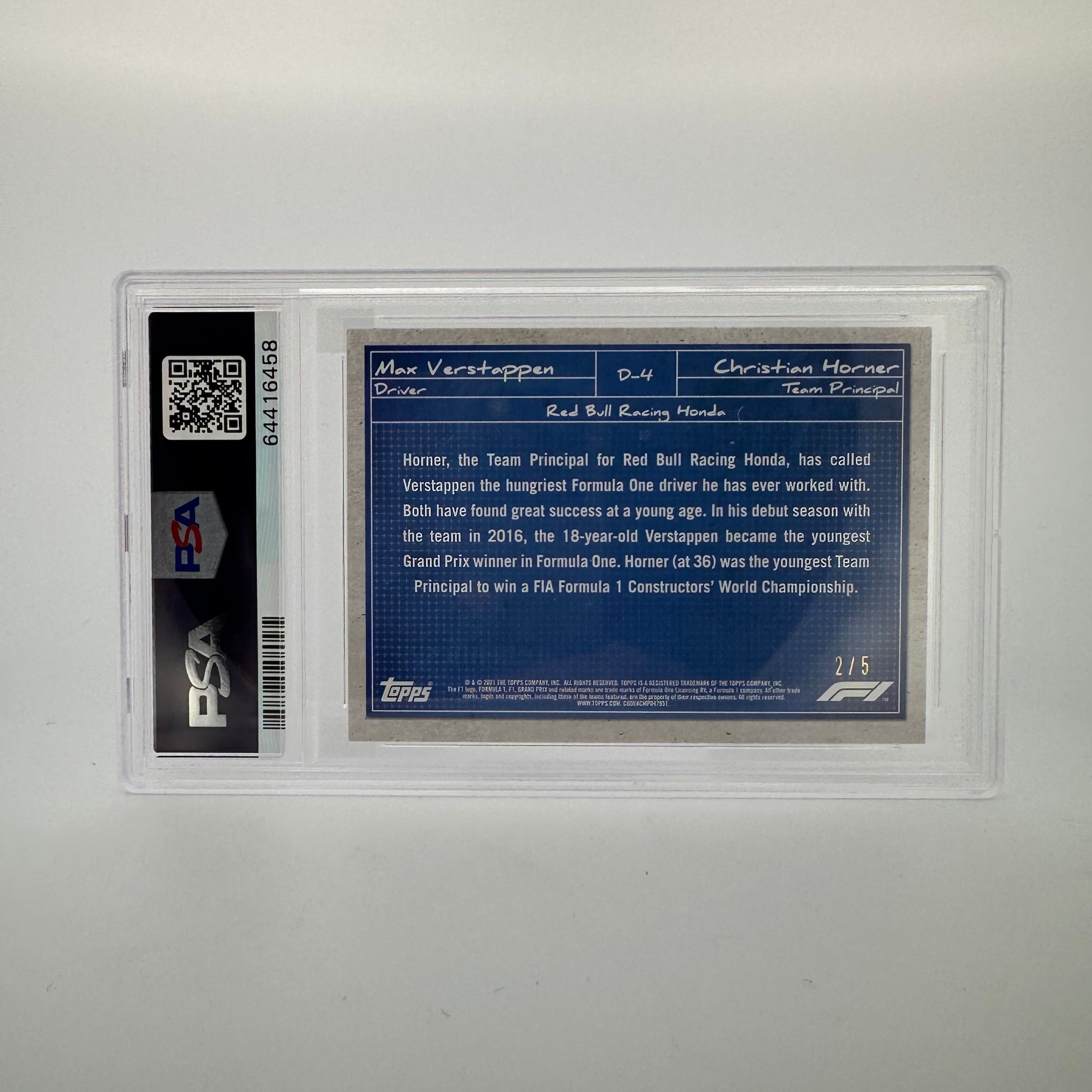 PSA 8 Graded 2/5 Max Verstappen & Christian Horner Red Bull Racing Debrief #D4 F1 Collectible - Perfect for Motorsport Fans & Memorabilia Displays