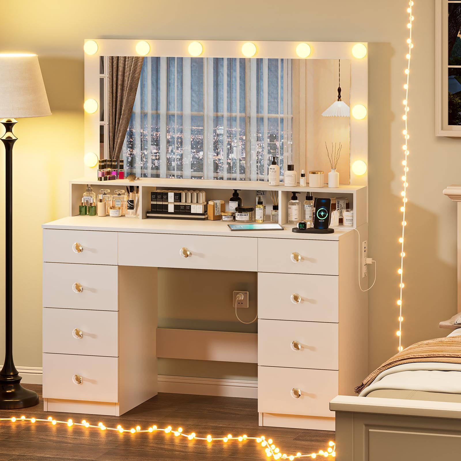 Vanity Desk with Large Mirror & LED Lights - 9-Drawer Makeup Dressing Table with Super Storage, Power Outlet & Crystal Handles - 3 Lighting Modes for Women & Girls (White) | Perfect for Bedroom, Dorm Room & Beauty Salon Makeup Station