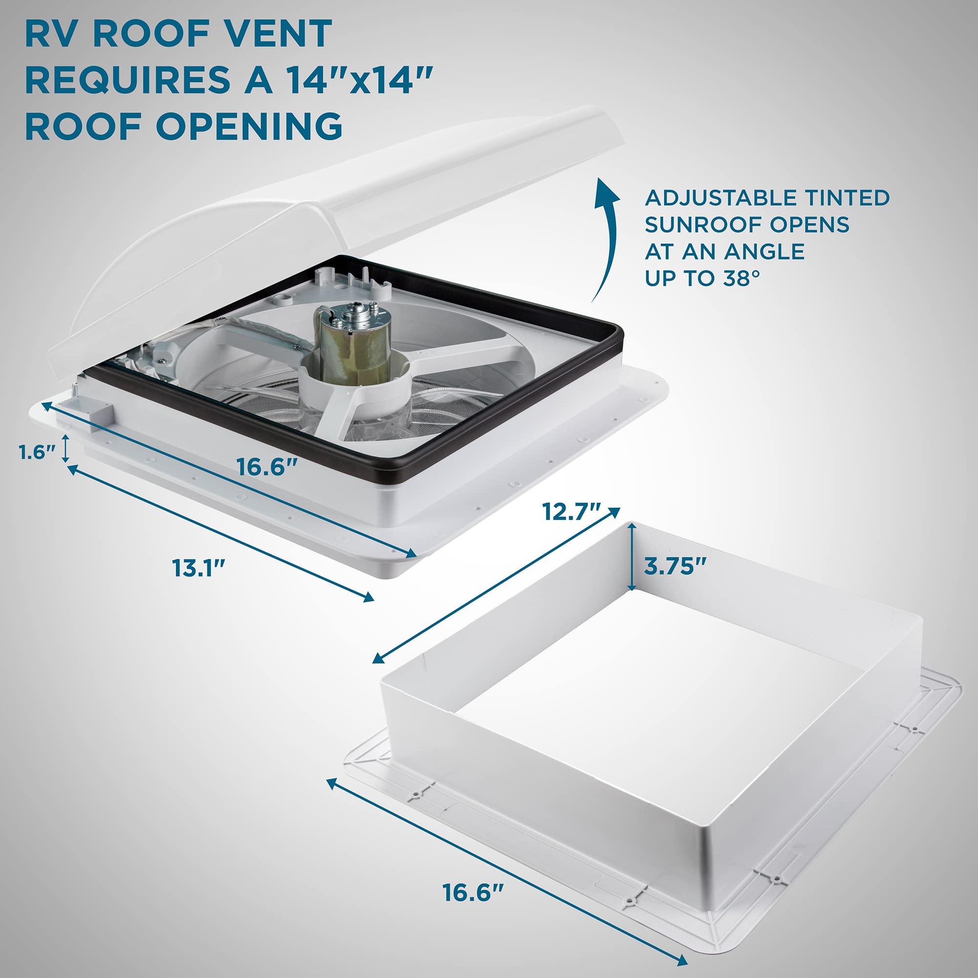 14” RV Roof Vent Fan with LED Light & 6-Speed Control - 12V Camper Ventilation System | Manual Open/Close | White Lid with Screws & Garnish Included | Perfect for RV, Camper & Van Air Circulation