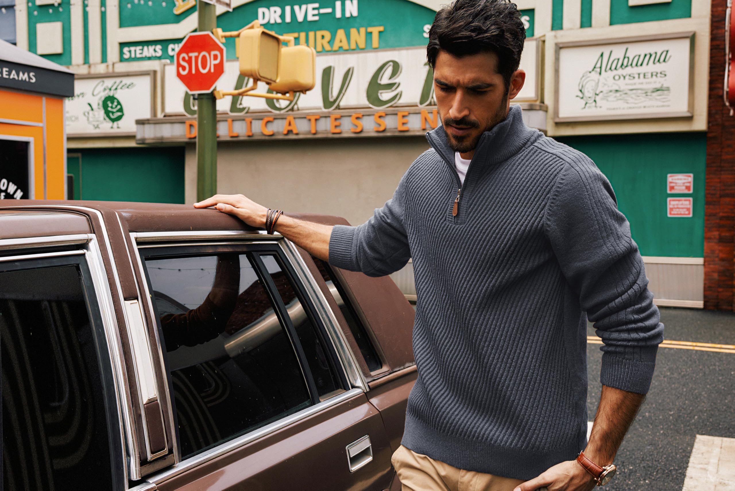 PJ PAUL JONES Men's Slim Fit Quarter Zip Pullover Sweater - Casual Knit Texture Long Sleeve Top for Work, Office & Outdoor Activities