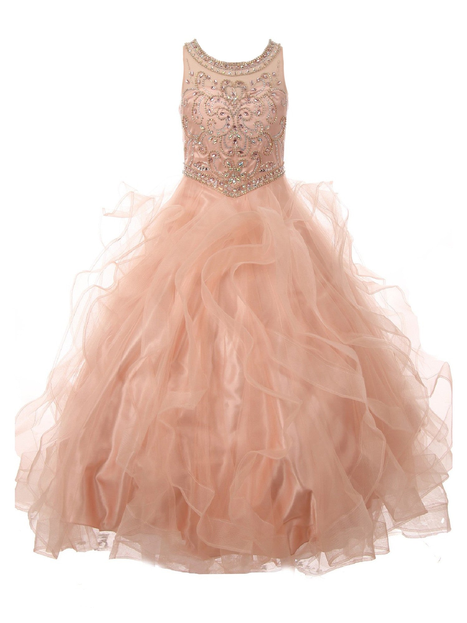 Big Girls Blush Ocean Waves Rhinestone Scoop Neck Pageant Dress Sizes 8-16 | Sparkling Pageant Gown for Teen Girls, Beauty Contests & Special Occasions