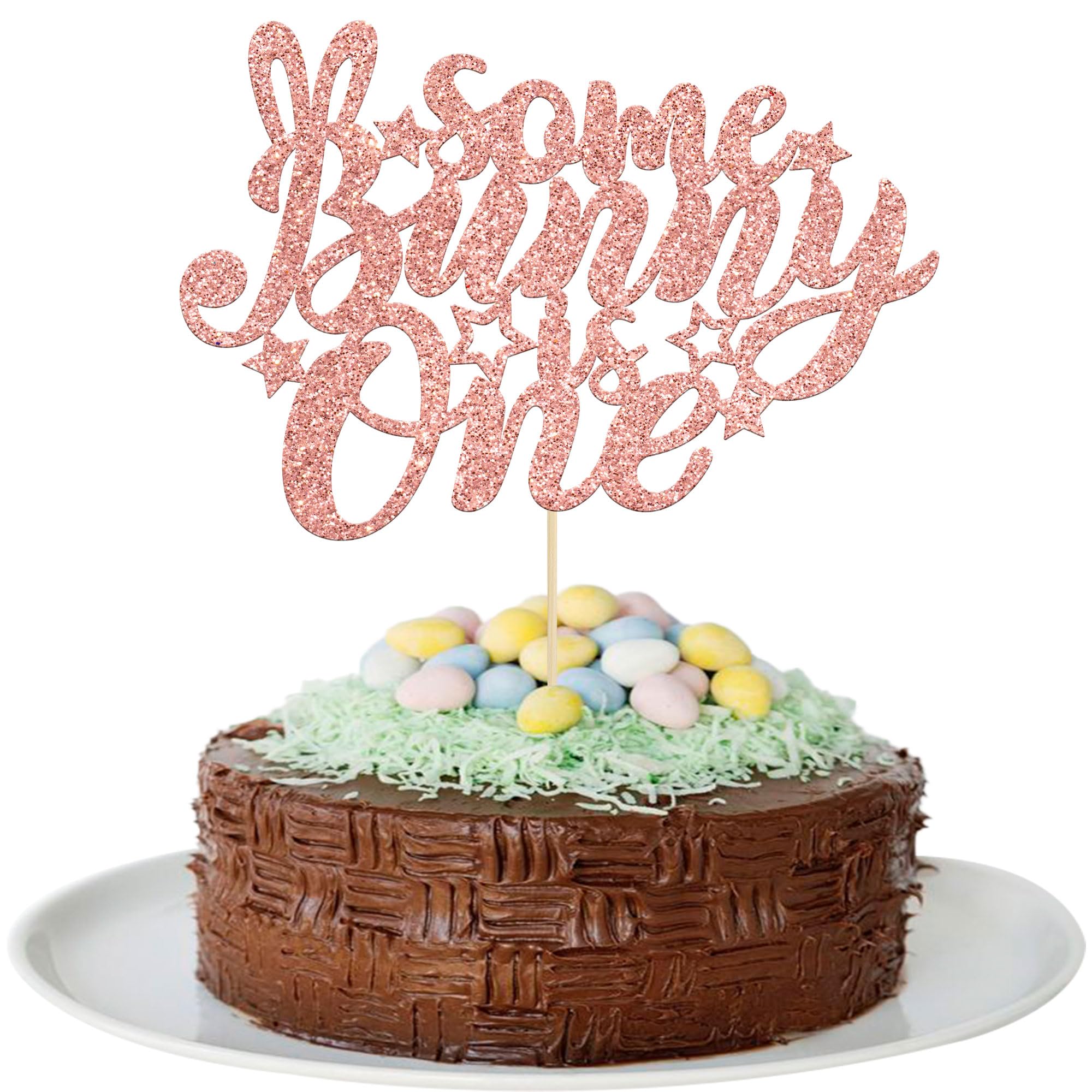 1Pc Rose Gold Glitter Bunny Cake Topper - Happy Easter Rabbit Ears Spring Theme for Kids Birthday Party Supplies | Perfect for 1st Birthday, Easter Celebration & Spring Decorations