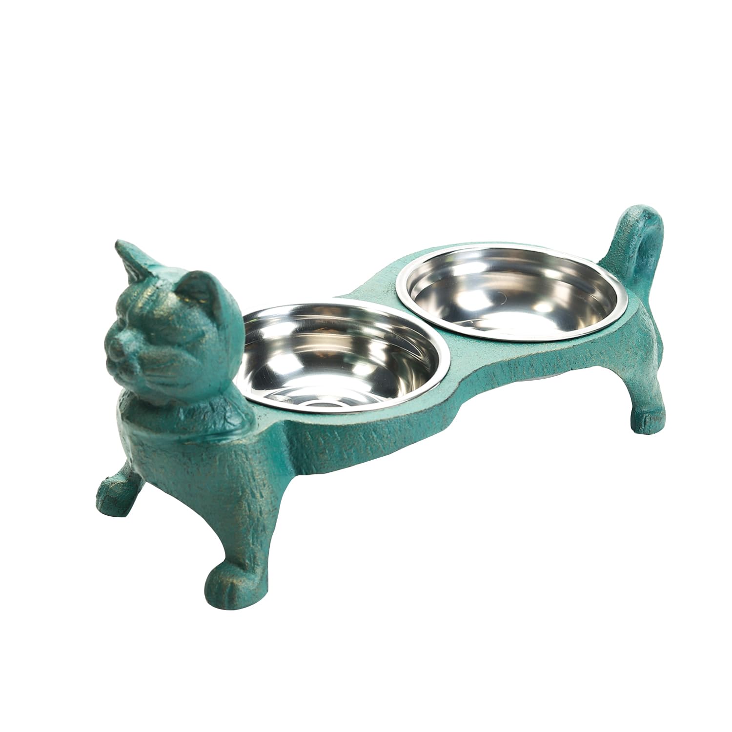 Sungmor Raised Cat Bowls - Heavy Duty Non-Slip Cast Iron Stand with 2 Stainless Steel Pet Food & Water Dishes - Elevated Feeder for Cats & Small Dogs - Perfect for Home, Kitchen, or Outdoor Use - 15.2x6.7x5.9 Inch