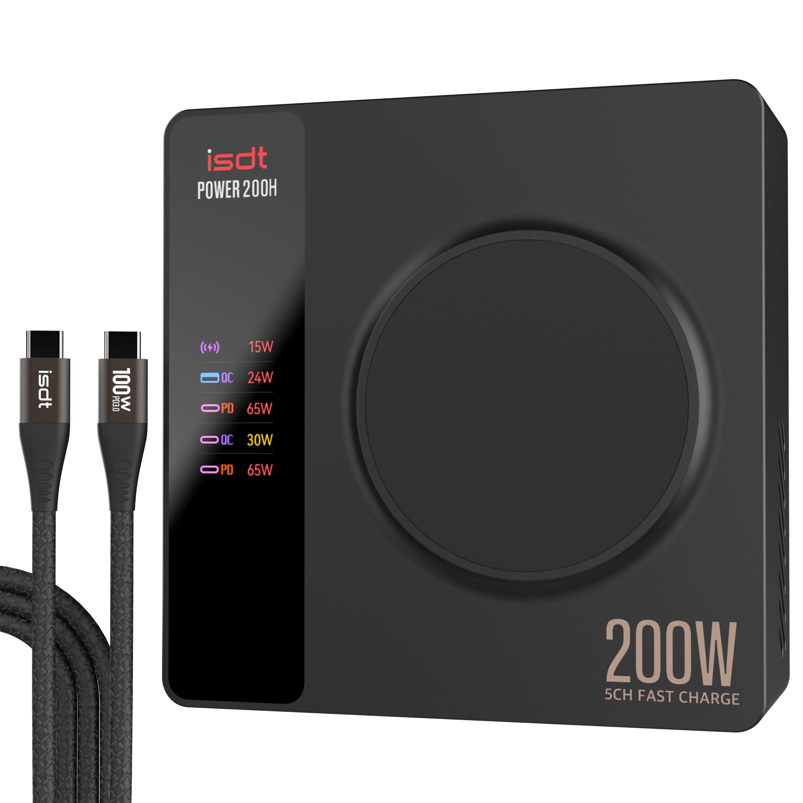ISDT Power 200H 200W Fast USB-C Desktop Charger with 4 USB Ports & Wireless Charging - Compatible with iPhone, Samsung, iWatch, iPad, Tablets - Perfect for Office, Home, Travel & Multi-Device Charging