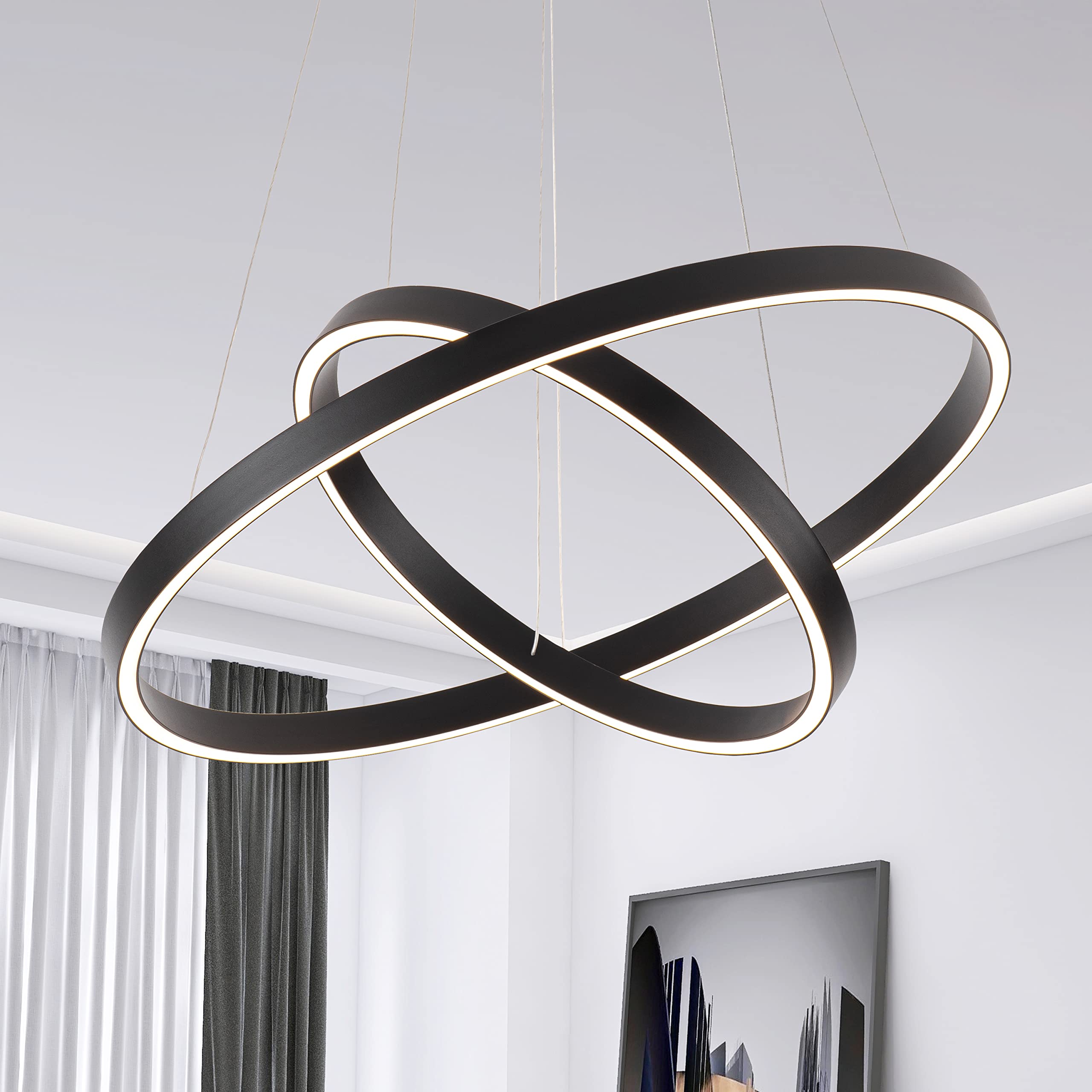 Modern LED Chandelier - 2 Ring Contemporary Circular Pendant Light, Black Dimmable Hanging Ceiling Fixture for Living Room & Dining Room | Elegant Lighting for Home Decor, Parties & Restaurants