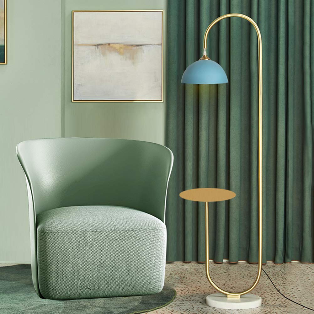 Modern LED Floor Lamp with Table - Brushed Brass Finish & Blue Shade for Bedroom, Living Room, Reading Light | Stylish Standing Lamp for Home Office, Study & Lounge Areas