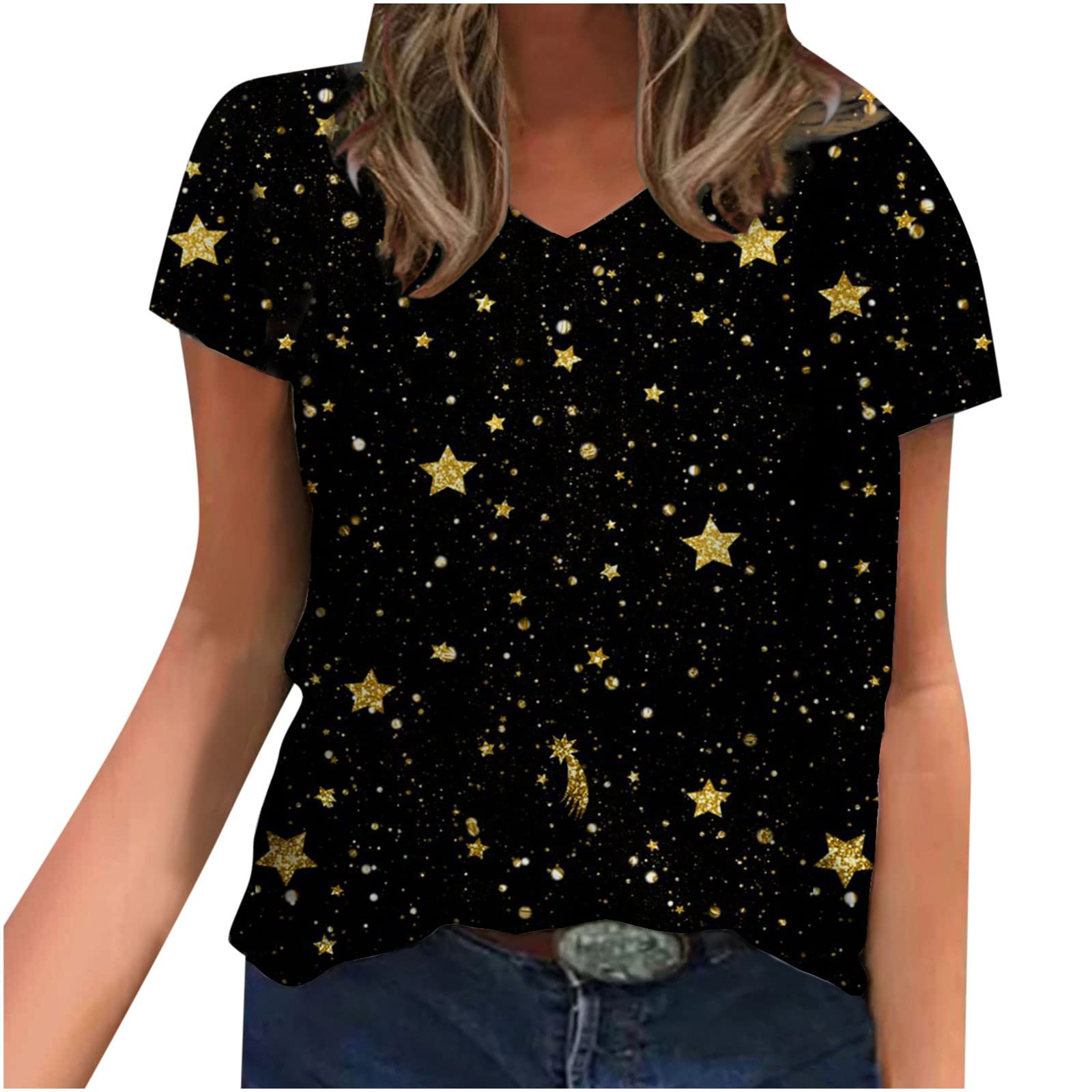 Plus Size Women's Summer Short Sleeve V-Neck T-Shirt - Casual Loose Feather Print Cute Graphic Blouse for Beach, Vacation & Everyday Wear