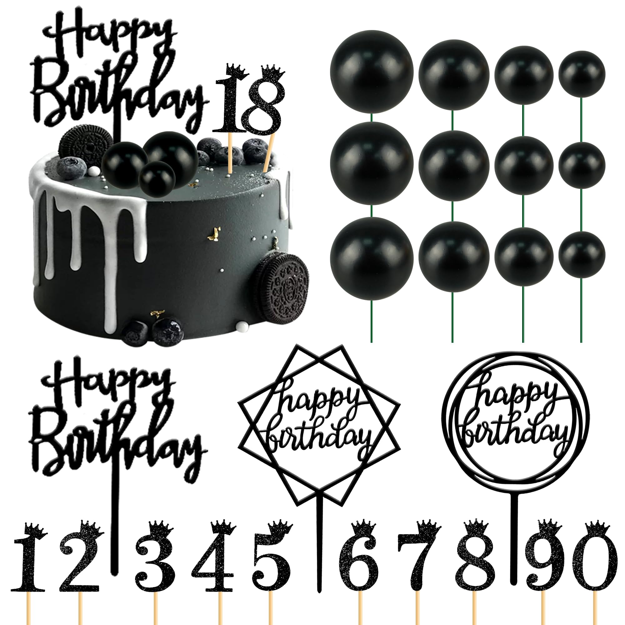 25 PCS Acrylic Happy Birthday Cake Topper Set with Numbers 0-9, Crown & Ball Shaped Cake Insert Toppers - Elegant Black Birthday Cake Decorations for Kids and Adults - Perfect for Birthday Parties, Baby Showers & Anniversary Celebrations