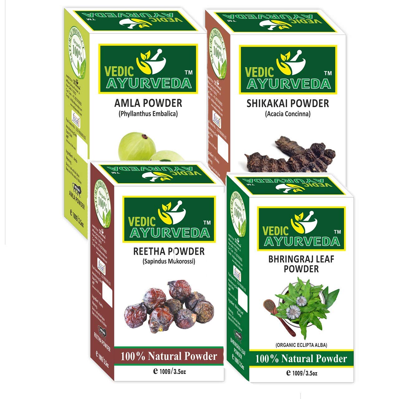 VEDICAYURVEDA Pure Organic Hair Care Combo - Amla Powder, Shikakai Powder, Reetha Powder & Bhringraj Powder (4 Items, 400g) for Natural Hair Growth, Scalp Treatment & Deep Conditioning - Perfect for DIY Hair Masks & Ayurvedic Hair Care Routines