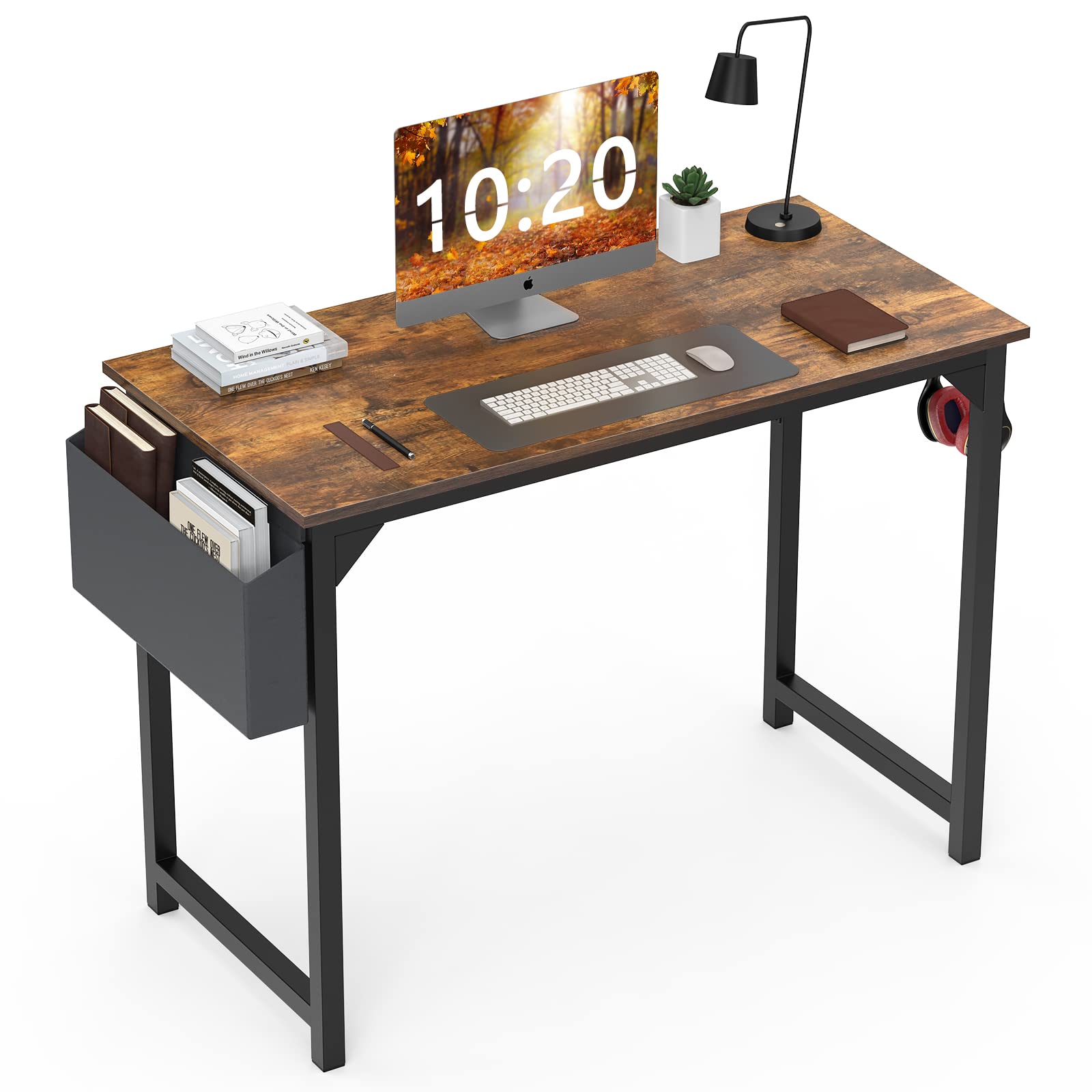 Compact 40 Inch Small Computer Desk for Home Office - Modern Simple Writing Desk with Storage Bag & Headphone Hook, Wooden Tabletop & Metal Frame - Perfect for Small Spaces, Bedroom Study, Remote Work & Online Classes