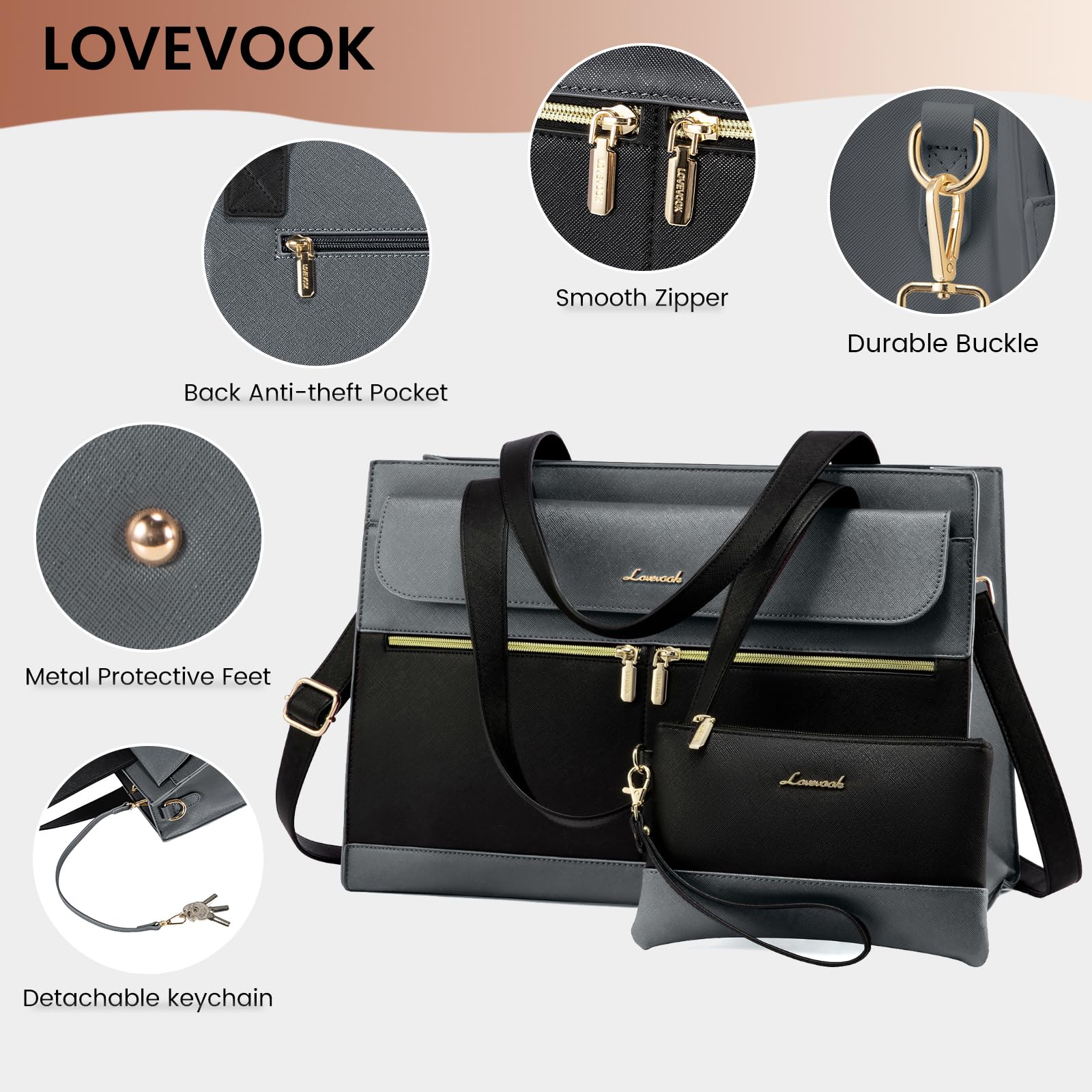 LOVEVOOK 15.6 Inch Leather Laptop Tote Bag for Women - Waterproof Professional Computer Briefcase with Large Capacity - Business Office Shoulder Bag for Work, Travel & School - Crossbody Purse for Teachers & Professionals