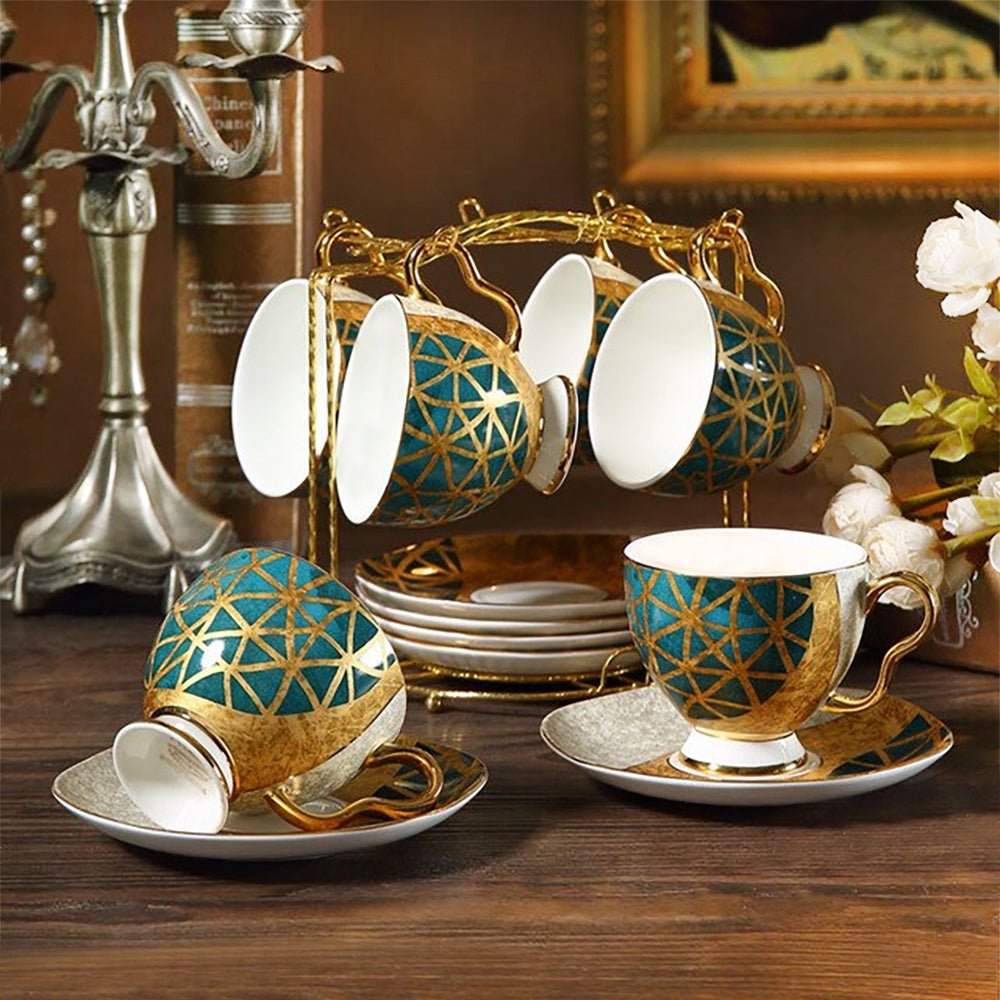 Premium Golden Beach Cups and Saucers Set - Elegant Porcelain Coffee & Tea Cups with Saucers - Perfect for Beach Parties, Picnics, and Outdoor Entertaining