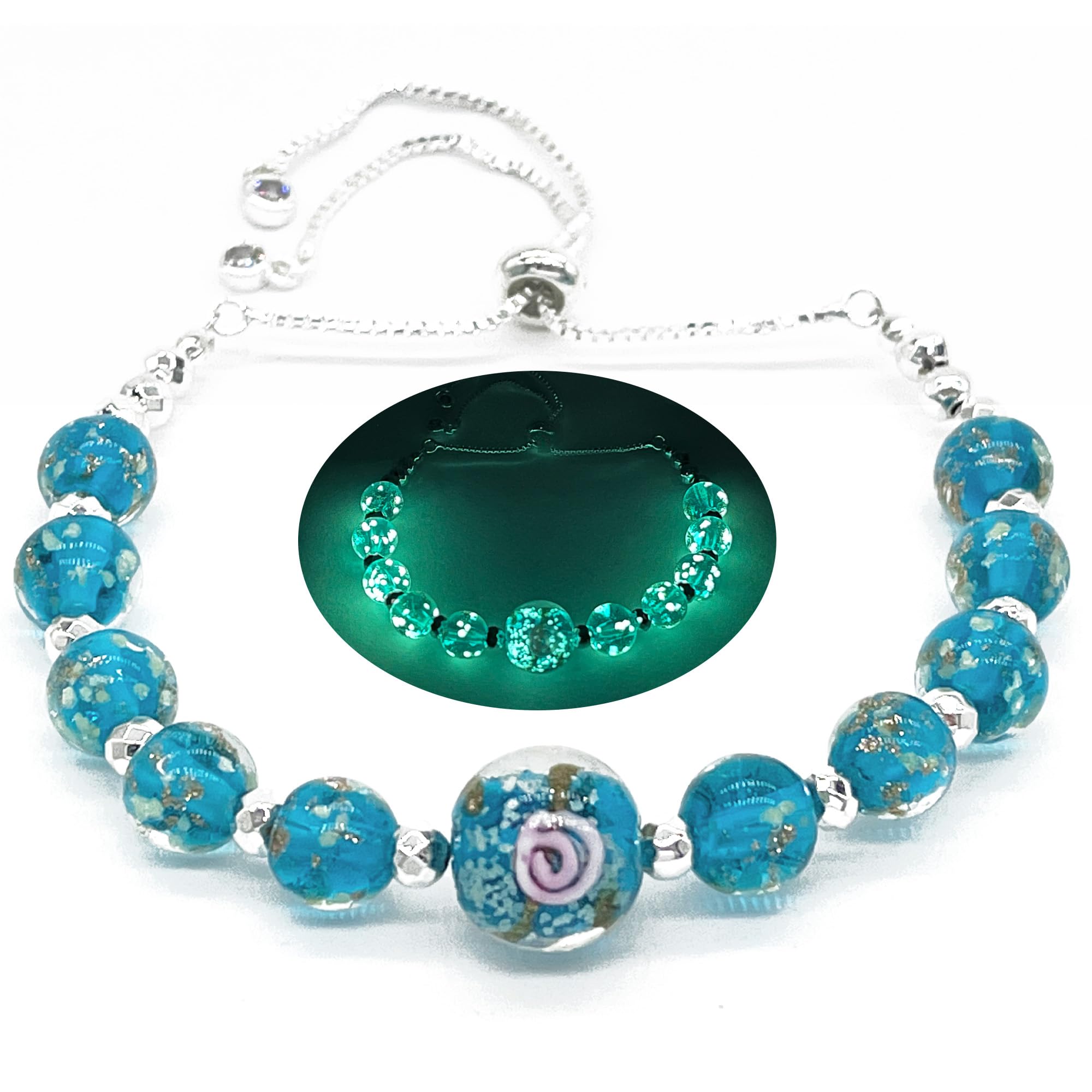 Glow in The Dark Firefly Beads Bracelet & Necklace Set - Murano Glass Beads Crystal Birthstone Jewelry with Adjustable Slider Chain | Handmade Luminous Glass Beads for Women, Girls | Perfect for Night Parties, Rave Events & Gift Giving