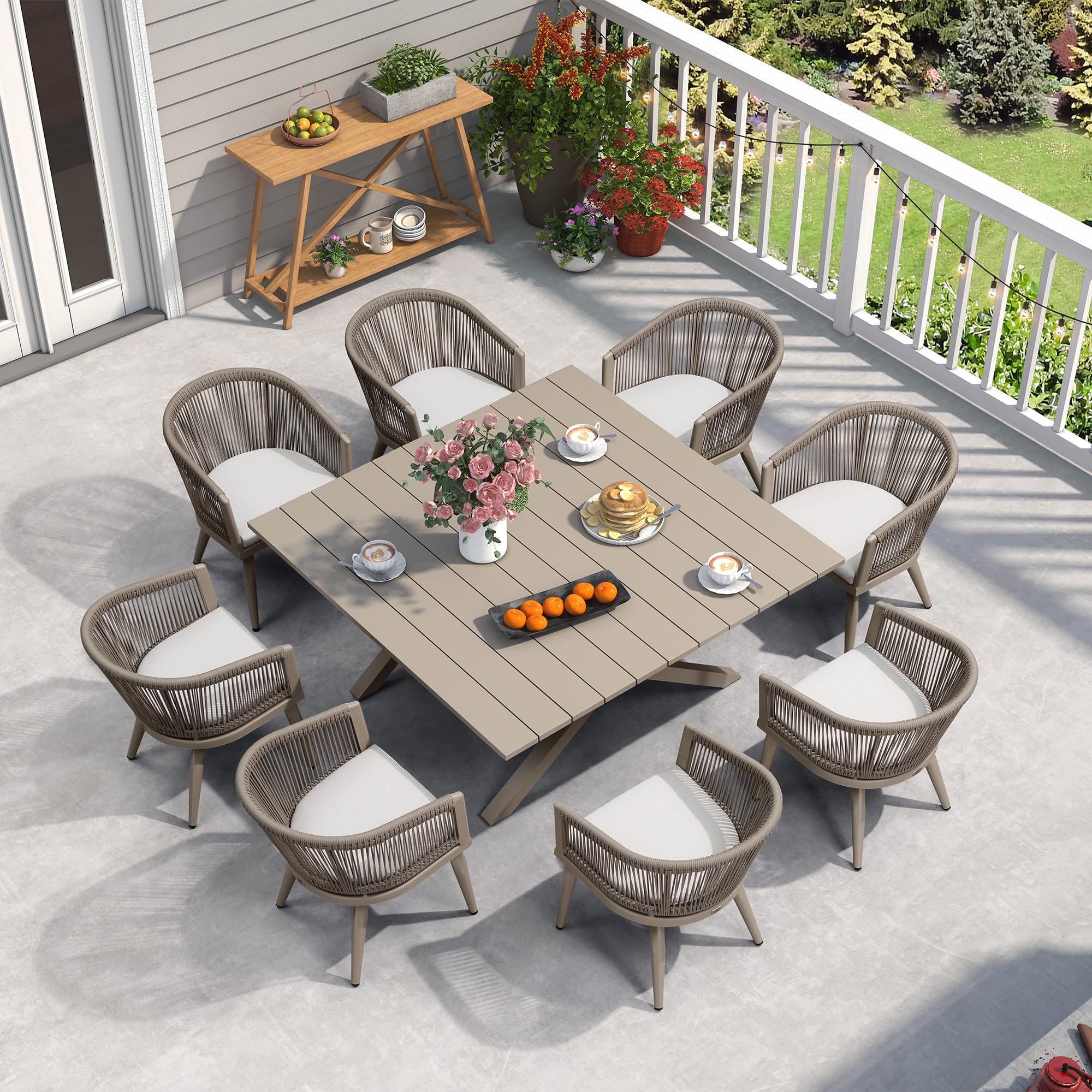 PURPLE LEAF 9-Piece All-Weather Outdoor Dining Set for 8 - Square Aluminum Table with Rope Weave Chairs & Cushions - Champagne - Perfect for Backyard, Deck, Patio, and Indoor Use