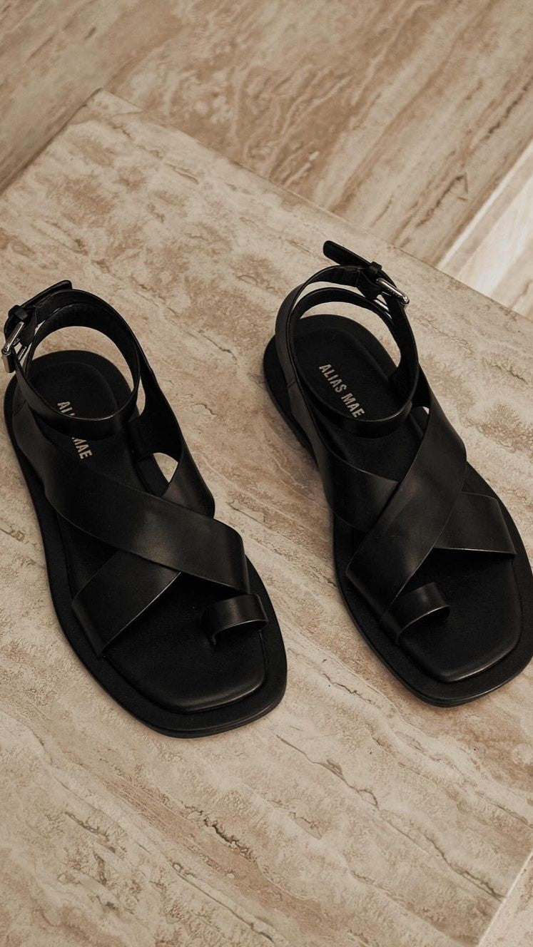 Alias Mae Kellie Sandal - Black Leather Women's Comfortable Sandals for Summer Walking & Beach Vacations