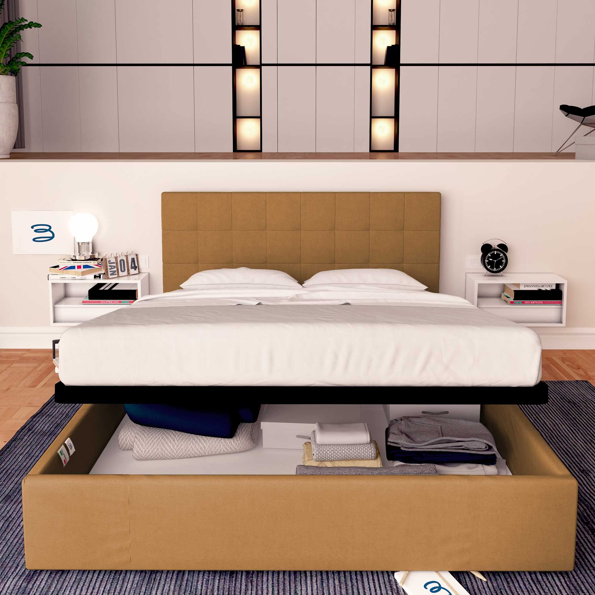 Baldiflex Single Bed with Storage, Dublin Model, Synthetic Leather Upholstery, Slatted Base for Single Mattress, 160 x 190 cm, Elegant Headboard, Light Brown - Perfect for Small Bedrooms, Guest Rooms & Studio Apartments