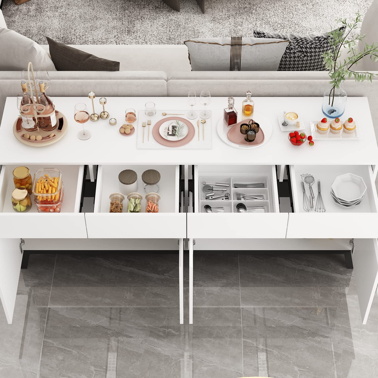ECACAD White Sideboard Buffet Cabinet with 4 Drawers, 4 Storage Compartments & 4 Doors - Kitchen Storage Console Table, Coffee Bar Cabinet for Living Room, Hallway, Dining Room - Perfect for Home Organization & Entertaining Guests