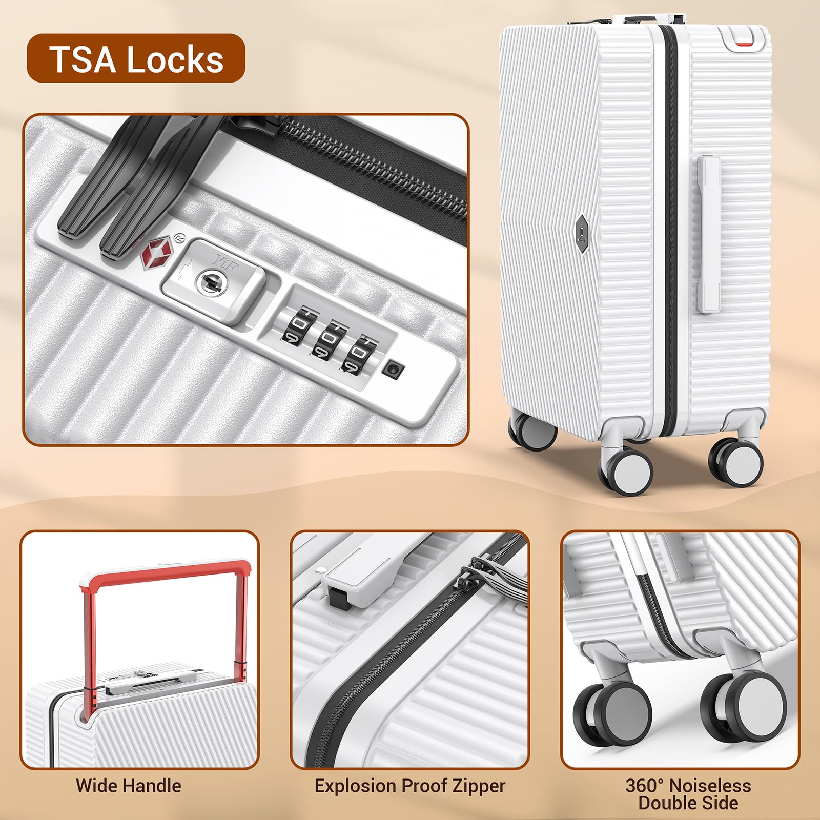 Lightweight Carry-on Luggage with PC Hard Shell, 360° Spinner Wheels & TSA Lock - White Travel Suitcase for Business Trips & Weekend Getaways