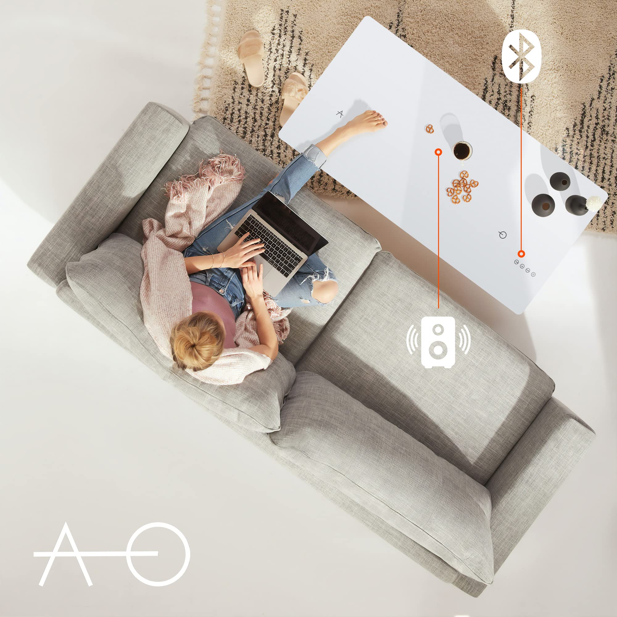 ATLASIO Modern Coffee Table with Built-in Bluetooth Speakers & Dual Wireless Chargers - 47.2 x 23.6 Inch Smart Living Room Table with Touch Control, USB-C Port, AUX Input & Induction Charging Station in White - Perfect for Home Theater, Gaming & Entertaining Guests