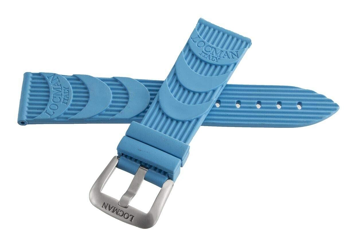 Locman Men's 24mm Light Blue Rubber Watch Band Strap with Silver Buckle - Durable Replacement Watch Strap for Swimming, Diving & Outdoor Activities