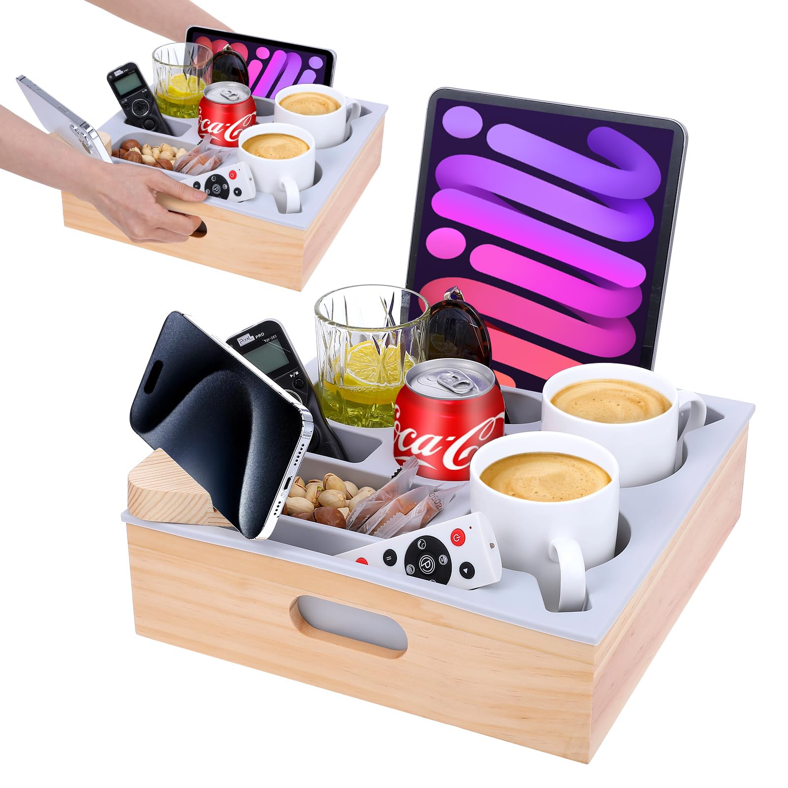 Soft Silicone Wooden Couch Cup Holder Tray with Handle - Anti-Spill Sofa Caddy for Snacks, Beverages & Remote Control - Perfect for Living Room, Bed, Car and Beach (Beige) - Home & Travel Organizer