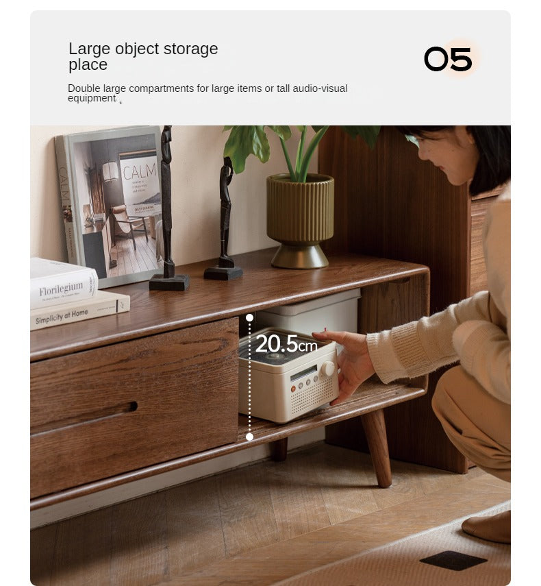Solid Oak Wood TV Stand with Sliding Doors - Rustic Modern Entertainment Center for Living Room, Bedroom, or Home Theater