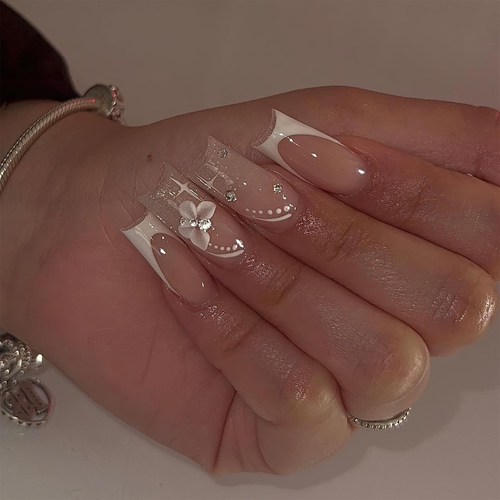 24Pcs French Tip Press on Fake Nails - Medium Square Glossy Full Cover False Nails with Butterfly Rhinestone Designs, Cute White French Manicure Glue on Nails for Women & Girls | Perfect for Parties, Weddings, Date Nights & Special Occasions