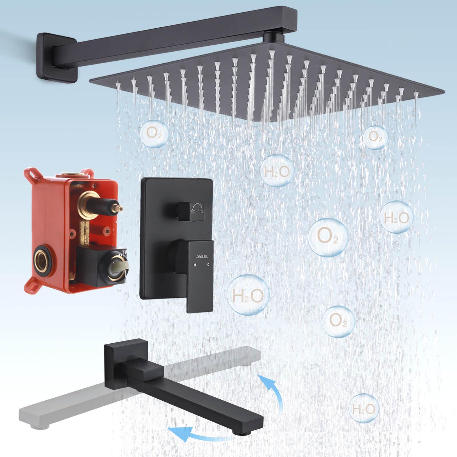 Premium Matte Black Wall Mount Shower Tub Faucet Set with Rainfall Shower Head & 180° Folding Tub Spout - Single Handle Bathtub and Shower Trim Kit for Modern Bathroom Renovation (Ideal for Master Bath, Guest Bath & Spa-Like Shower Experience)