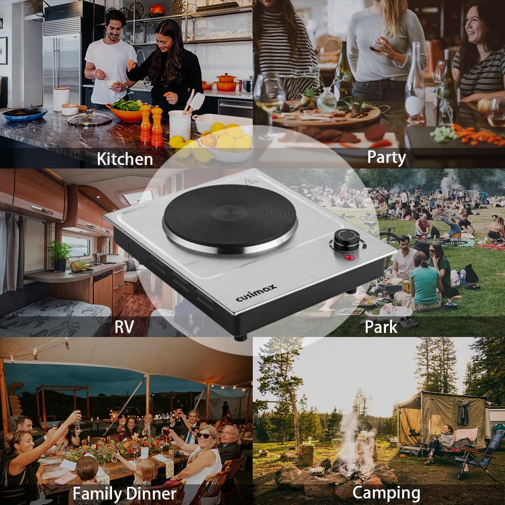 CUSIMAX 1500W Electric Hot Plate - Single Burner Portable Countertop Cooktop with Stainless Steel Surface, Easy to Clean - Perfect for Dorm Rooms, Small Kitchens, Camping & Office Use