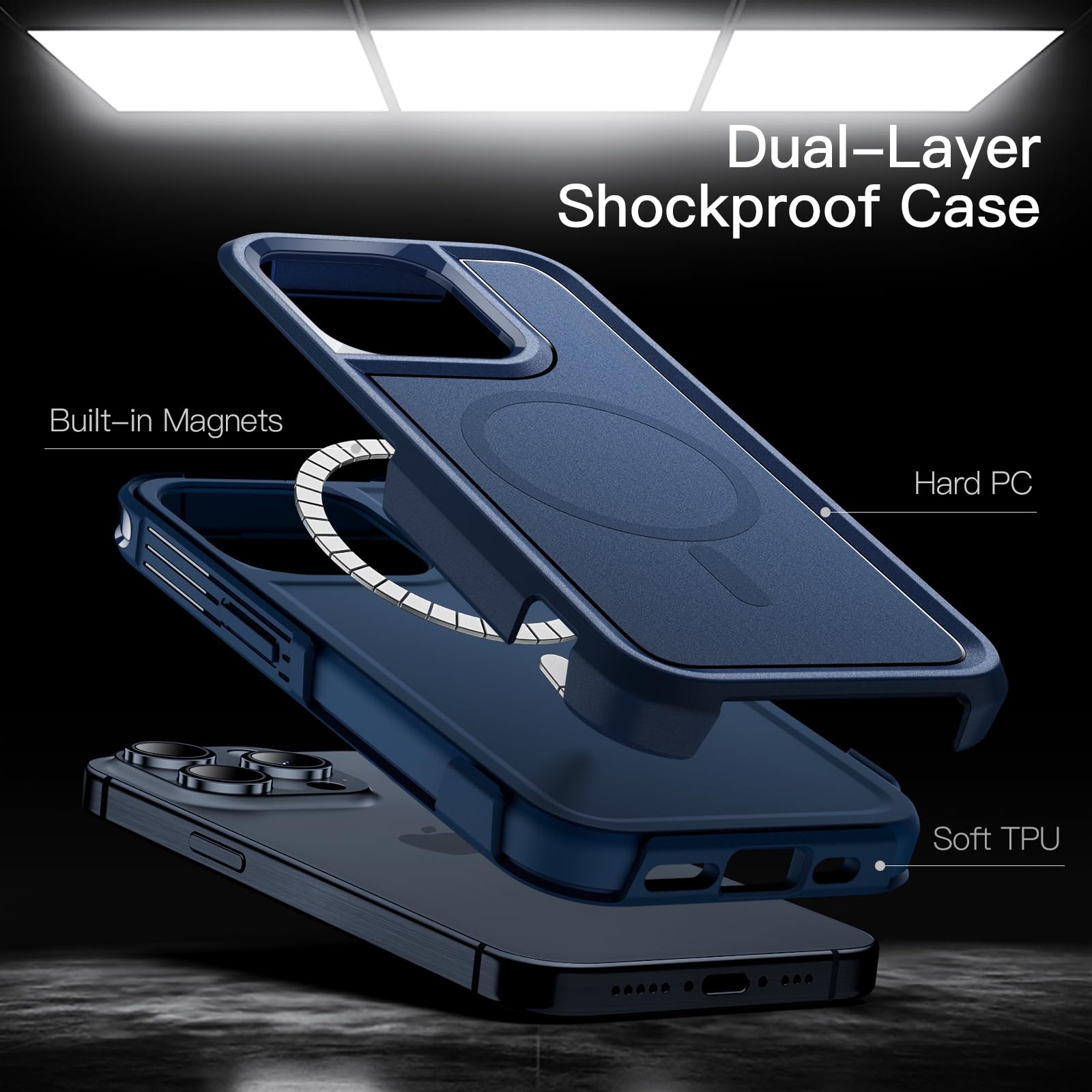 JETech Heavy Duty Rugged Case for iPhone 15 Pro Max 6.7-Inch - MagSafe Compatible, Dual-Layer Shockproof Protection, Military-Grade Magnetic Phone Cover (Navy) - Perfect for Outdoor, Work & Everyday Use