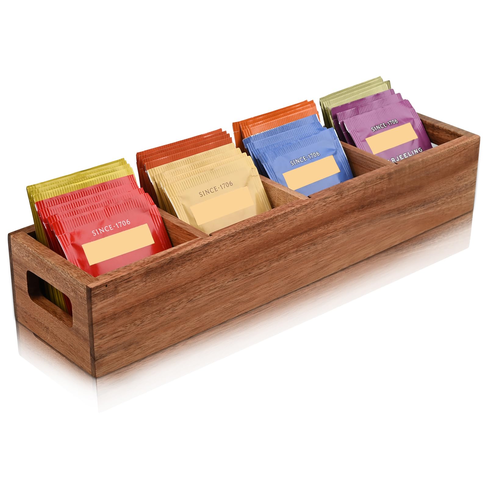Premium Acacia Wood Tea Bag Organizer with 4 Slots - Elegant Tea Storage Holder for Tea Bags & Sugar Packets | Countertop Organizer for Kitchen, Office, or Dining Room