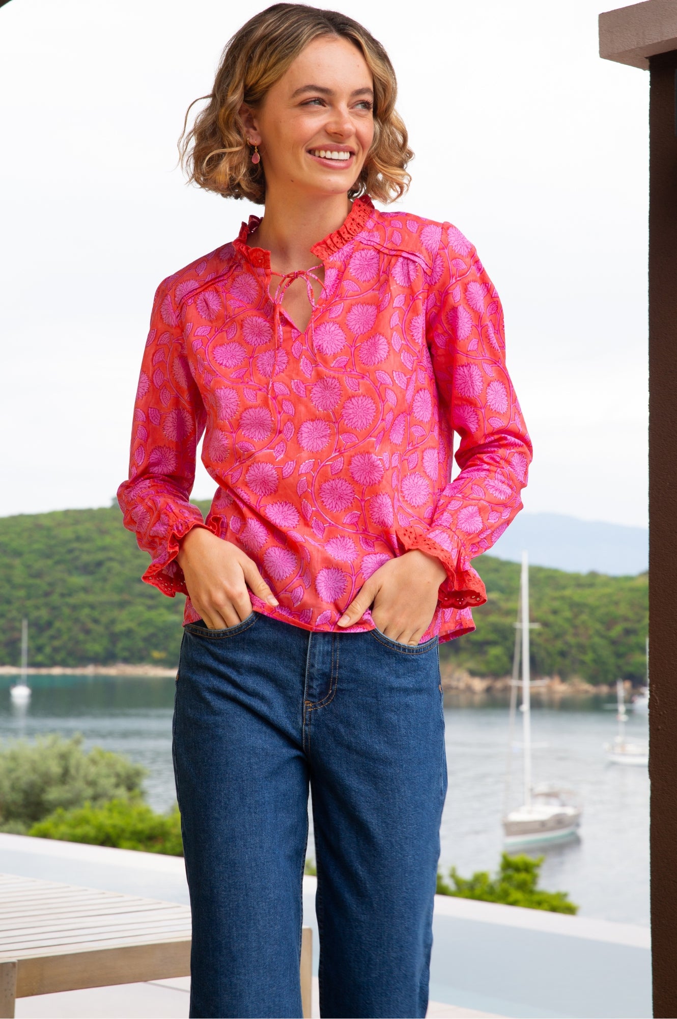 Rosie Organic Cotton Block Print Blouse - Lotus Red & Pink Floral Embroidered Top for Women | Boho Chic Summer Outfit, Casual Wear & Festival Fashion