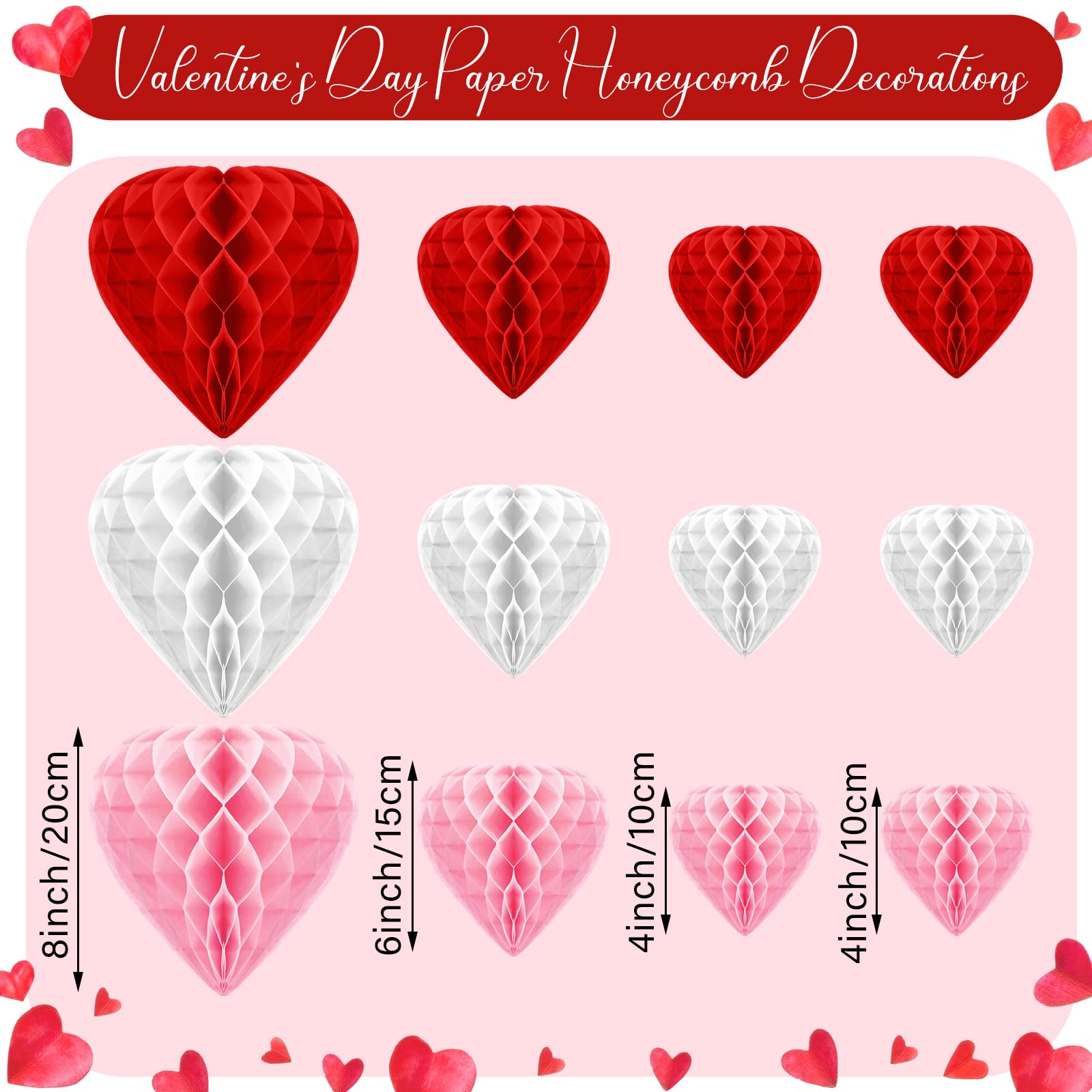 12 Pcs Valentine's Day Heart Shaped Honeycomb Ball Decorations - Red Paper Pom Poms Hanging Pendants for Wedding, Bridal Shower, Party & Photo Backdrop Ceiling Decor (Perfect for Romantic Proposals, Anniversary Celebrations & Home Decoration)