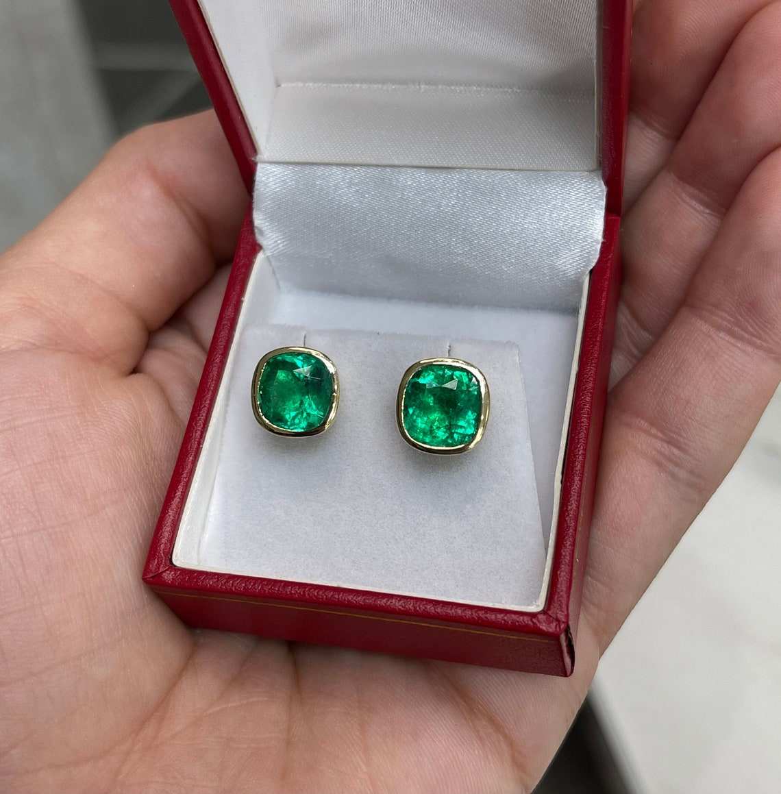 AAA+ 5.46tcw Colombian Emerald Cushion Cut Stud Earrings in 18K Gold Bezel Setting - Perfect for Weddings, Anniversaries & Special Occasions