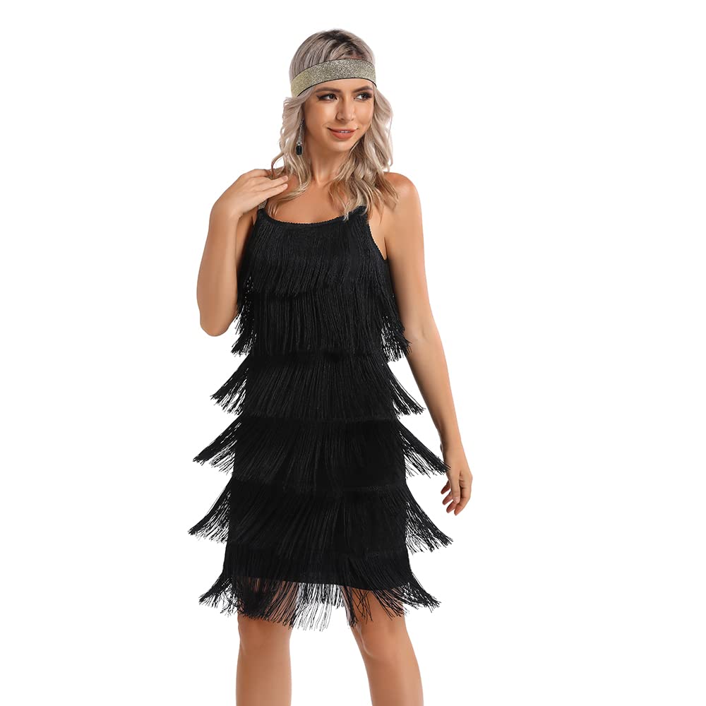 1920s Great Gatsby Flapper Dress for Women - Elegant Black Tassel Mini Dress with Headband | 20s Vintage Party Costume, Roaring Twenties Outfit for Halloween, Themed Parties & Dance Performances (Size M)