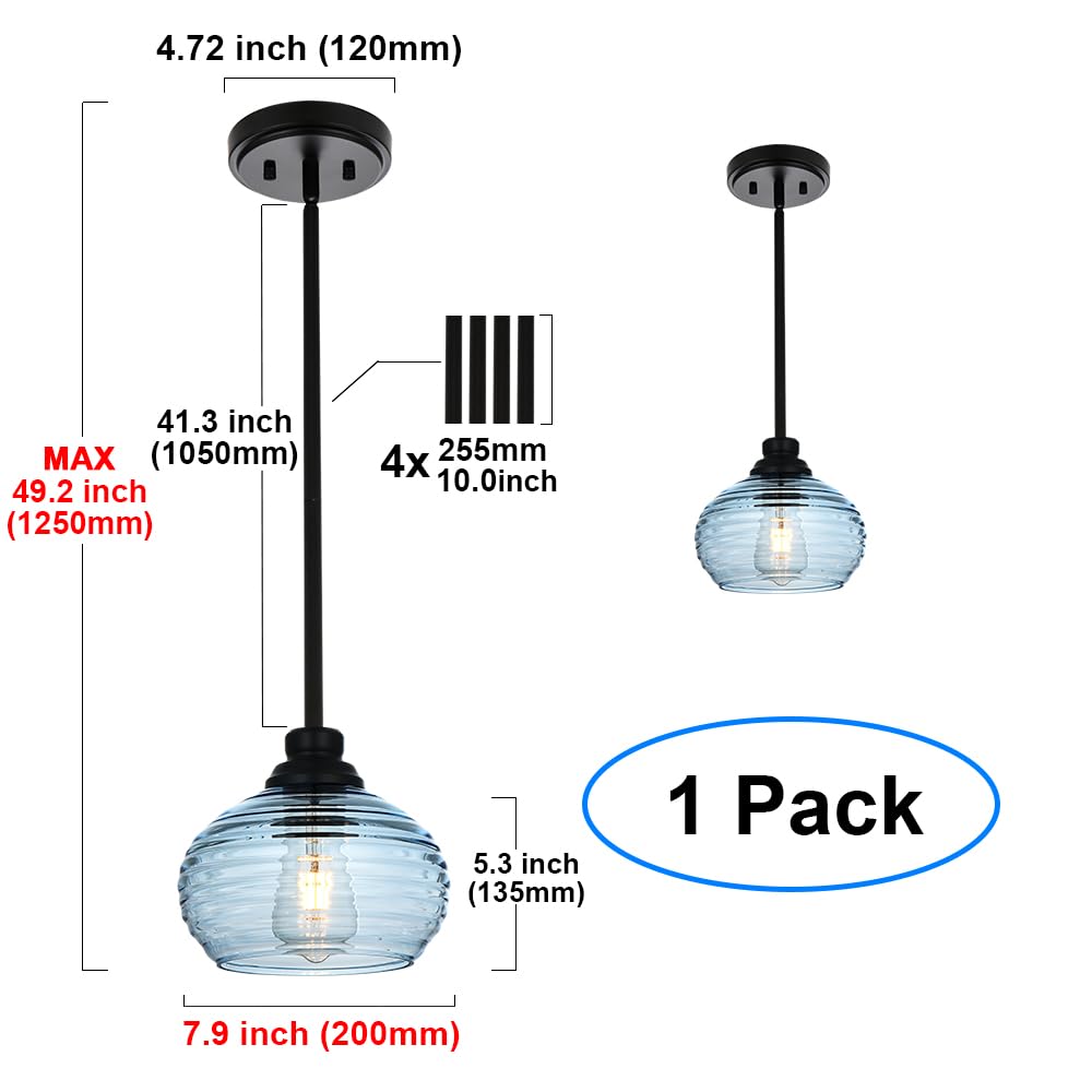 MELUCEE Black Mini Pendant Light with Blue Water Ripple Glass Shade - Modern Ceiling Hanging Light for Kitchen Island, Dining Room, Over Sink | Coastal Contemporary Lighting for Home Decor