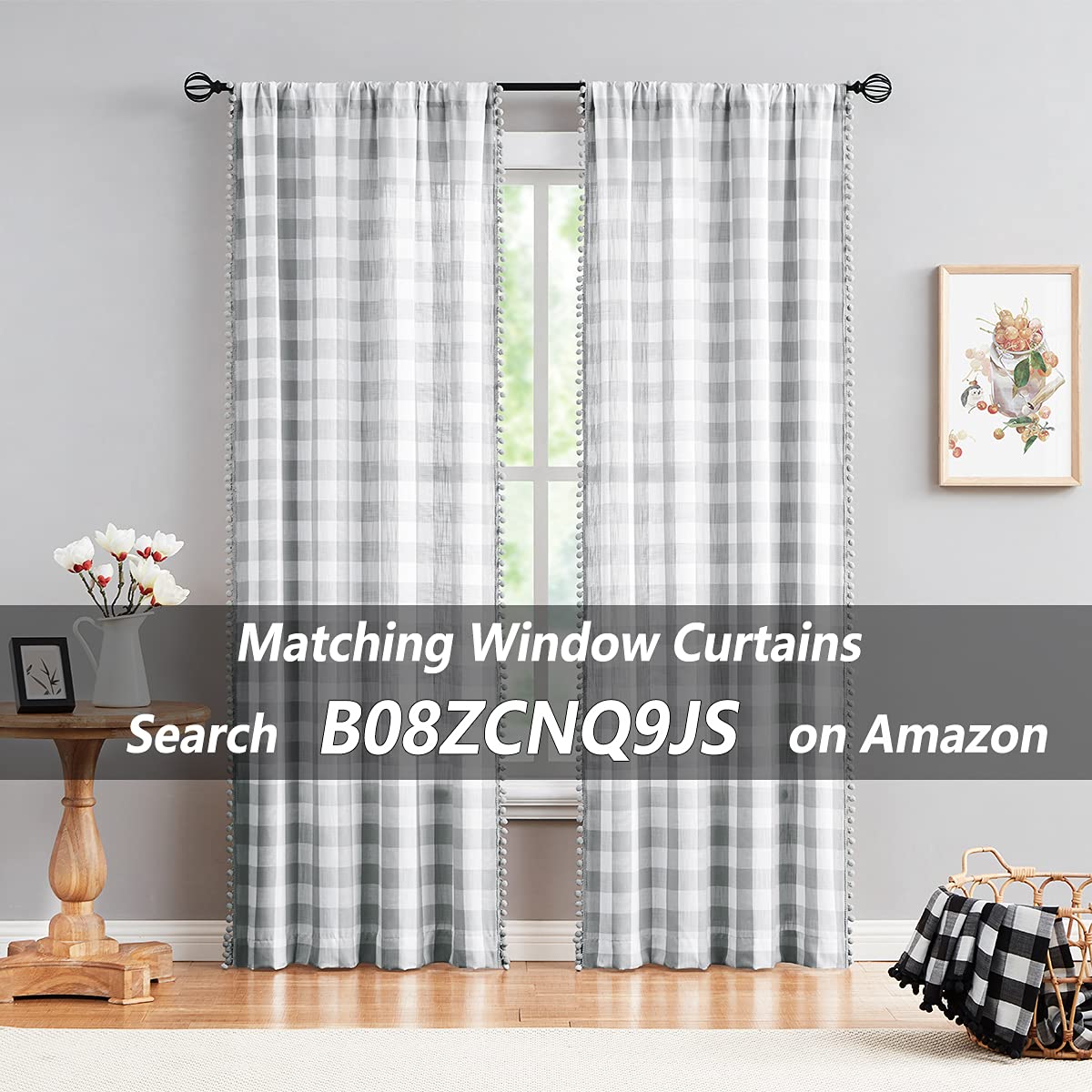 Treatmentex Grey-White Check Kitchen Tier Curtains - 24 Inch Length Semi-Sheer Café Curtains for Windows (27W x 24L, 2 Panels, Rod Pocket) - Perfect for Kitchen, Basement, Laundry Room & Bathroom Decor