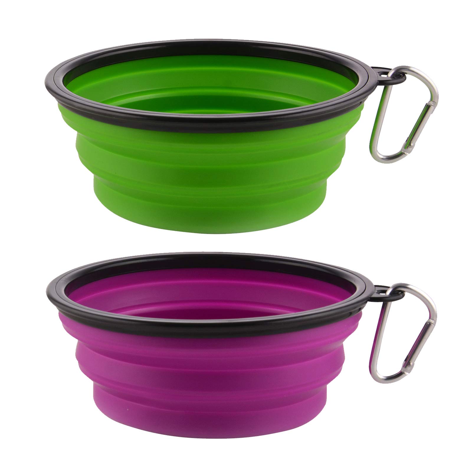 34oz Collapsible Dog Bowls 2 Pack - Portable Foldable Travel Water & Food Bowl for Dogs with Carabiner Clip - Lightweight Pet Feeding Dish for Hiking, Camping, Walking, Outdoor Adventures (Purple + Green)