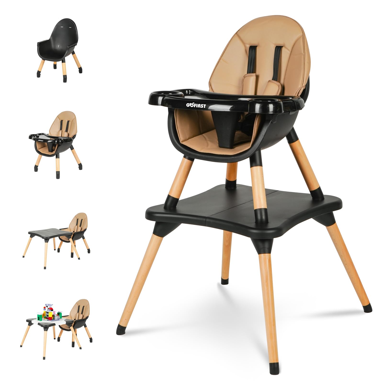 Gofirst 6-in-1 Convertible Wooden High Chair for Babies & Toddlers - Adjustable Infant Dining Booster Seat with Building Block Table & 4-Position Removable Feeding Tray - Perfect for Home, Restaurant & Travel Use