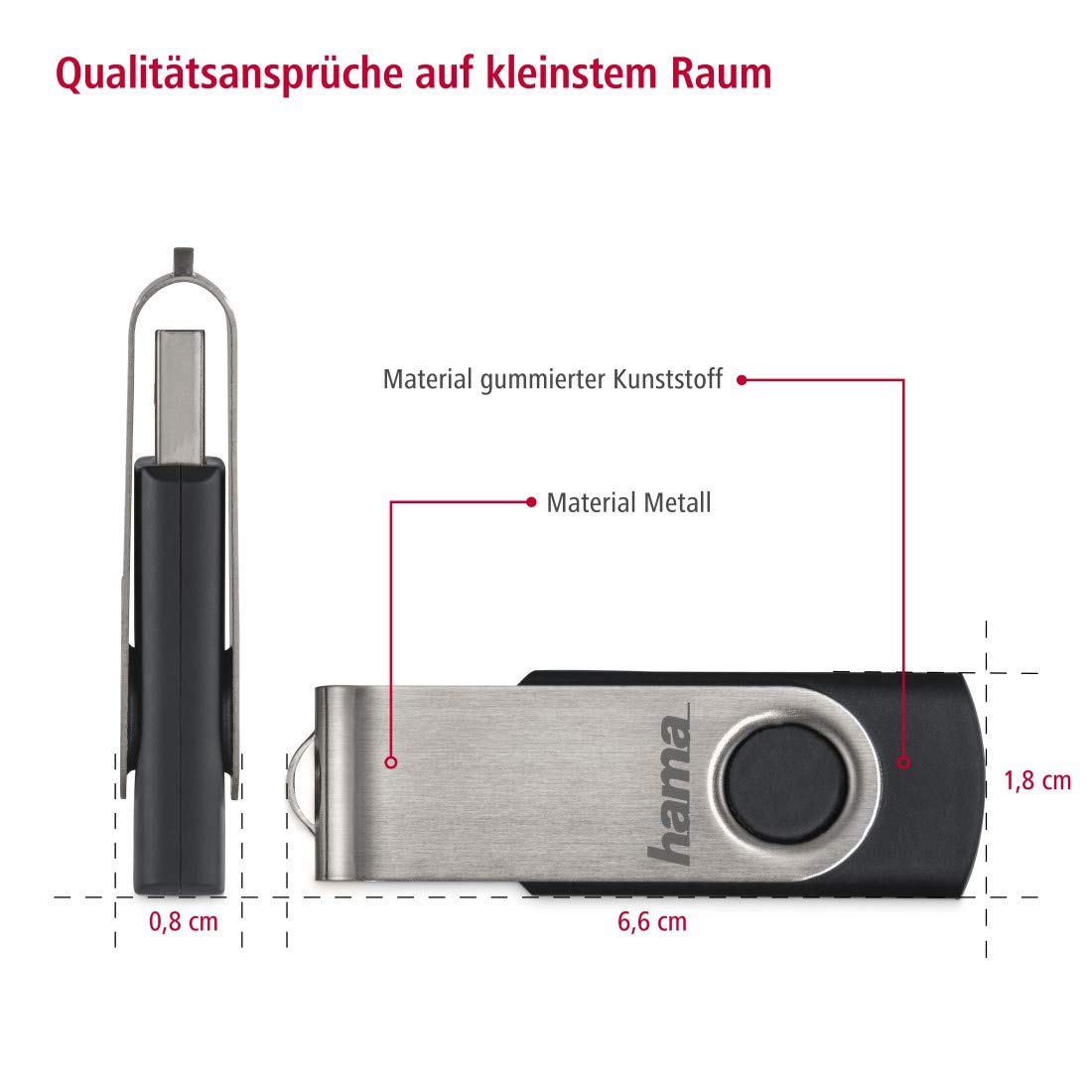Hama Rotate FlashPen USB 2.0 128GB Memory Stick with 15MB/s Transfer Speed - Black & Silver | Portable USB Drive for Work, School, Data Backup & File Sharing